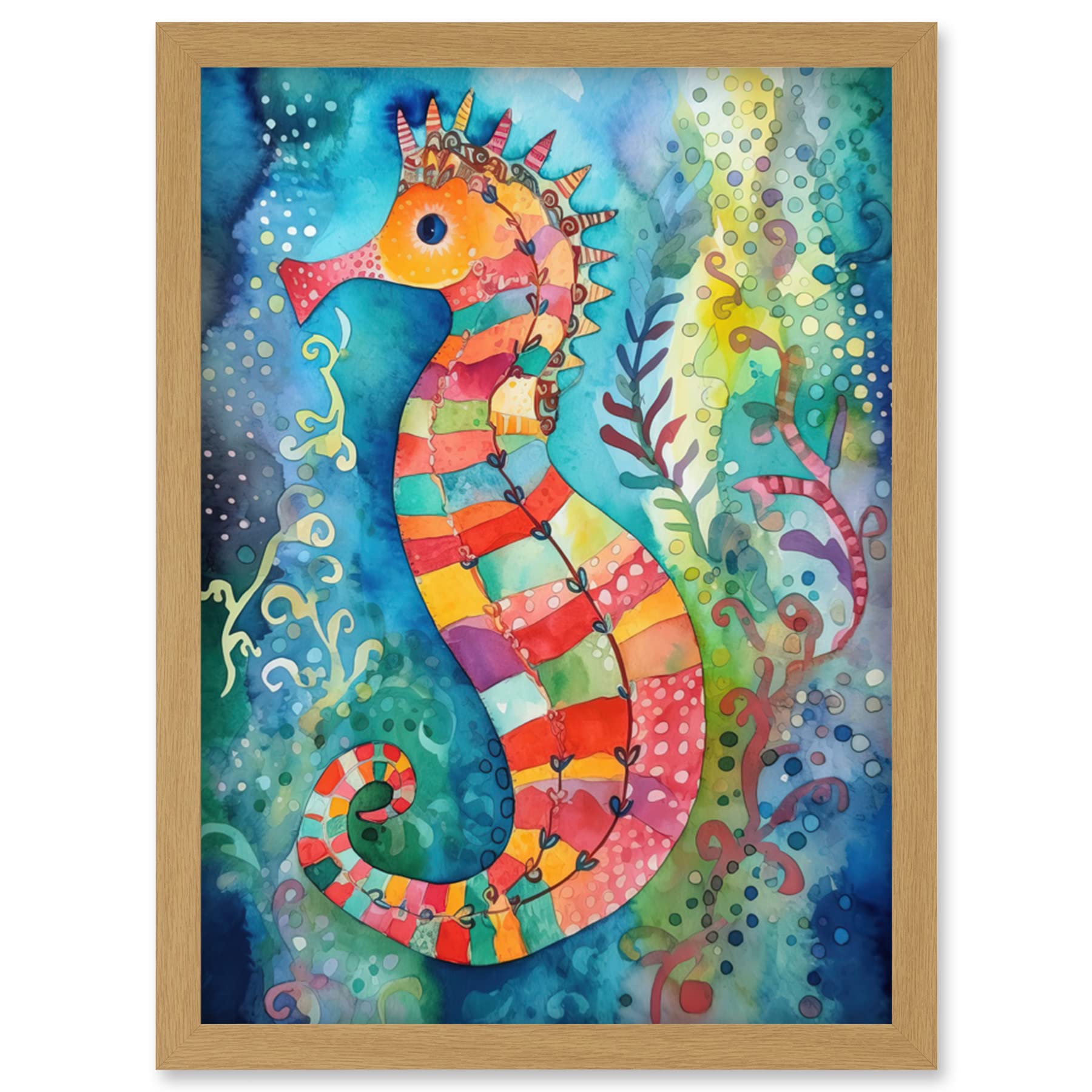 Artery8 Seahorse In Aquatic Plants Folk Art Artwork Framed Wall Art Print A4