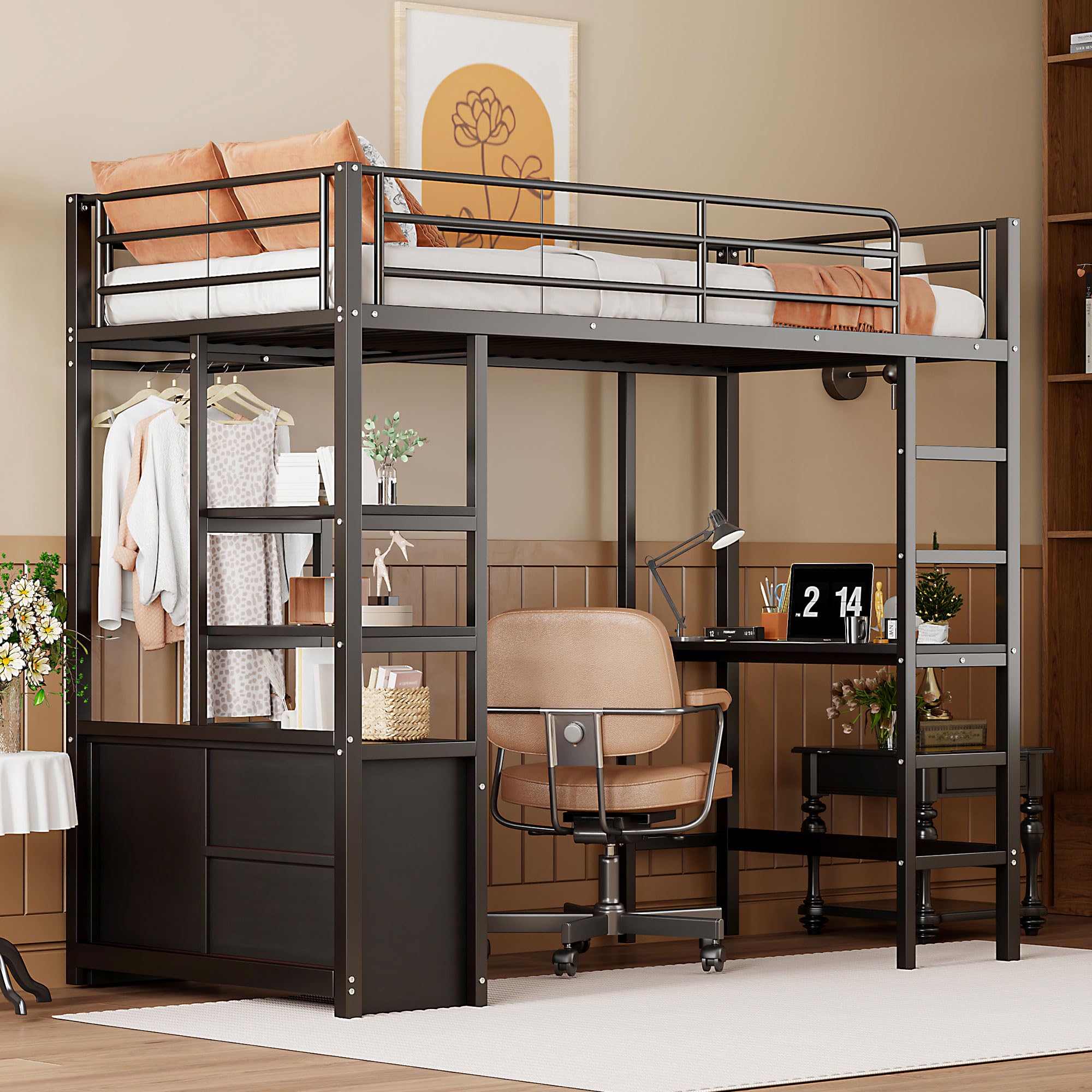 Letto a soppalco 90 x 200 cm con USB e armadietto aperto, letto a soppalco con scrivania e ripiani multipli, letto singolo per ragazzi con scala e ringhiere, letto a soppalco per bambini (senza