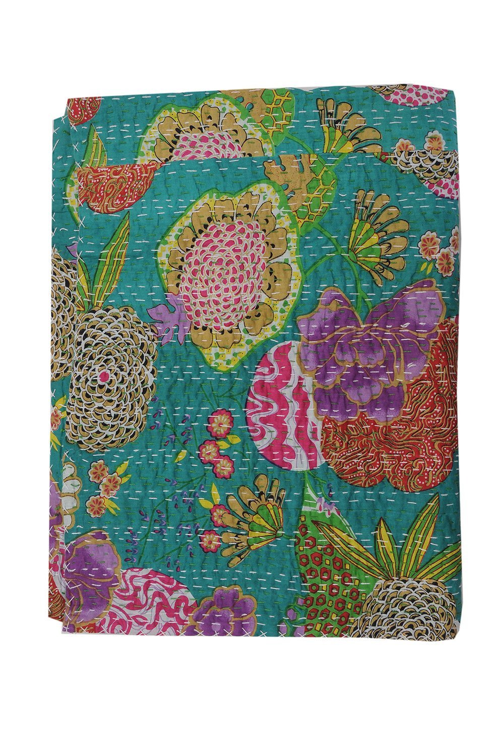 Sophia-Art Twin/King Indian Fruit Réversible Couvre-lit Motif Gudri Pur Coton Kantha Style Quilt Fleur Fruit Print Décoratif Kantha Stitch Quilt (Rama Green, Twin 60 * 90 inches)