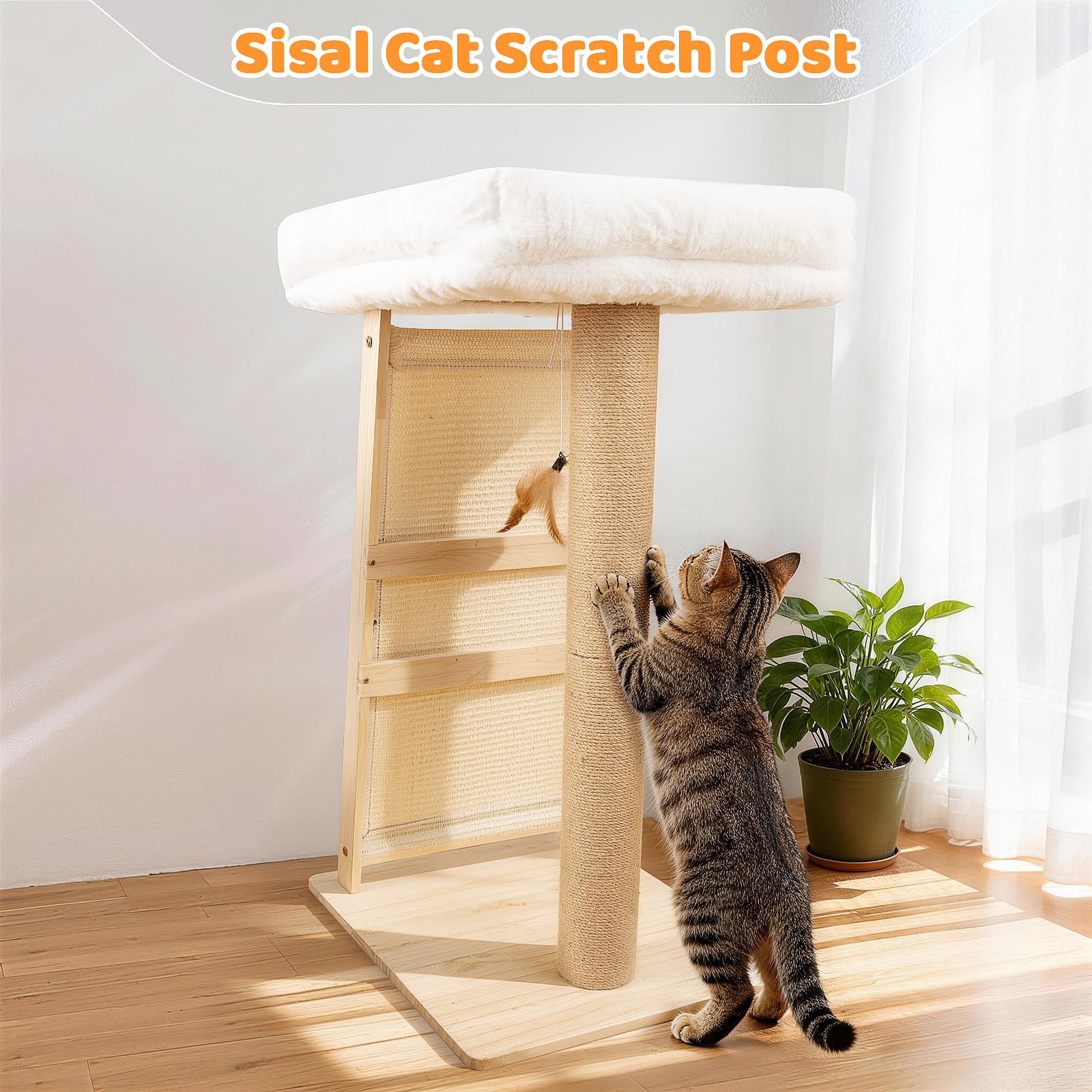 Tiragraffi per gatti 3 in 1 da 80 cm con amaca e tiragraffi, base in pino e palo alto in sisal, cuscinetto per amaca in pelliccia di coniglio, giocattolo da appendere, grande bianco