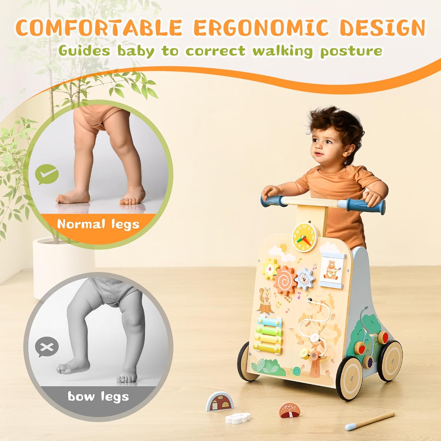 Wooden Baby Walker, Baby Push Walker for 12+ Months, Baby Walker with Activity Center, Push and Pull Walkers for Boys Girls - Image 4