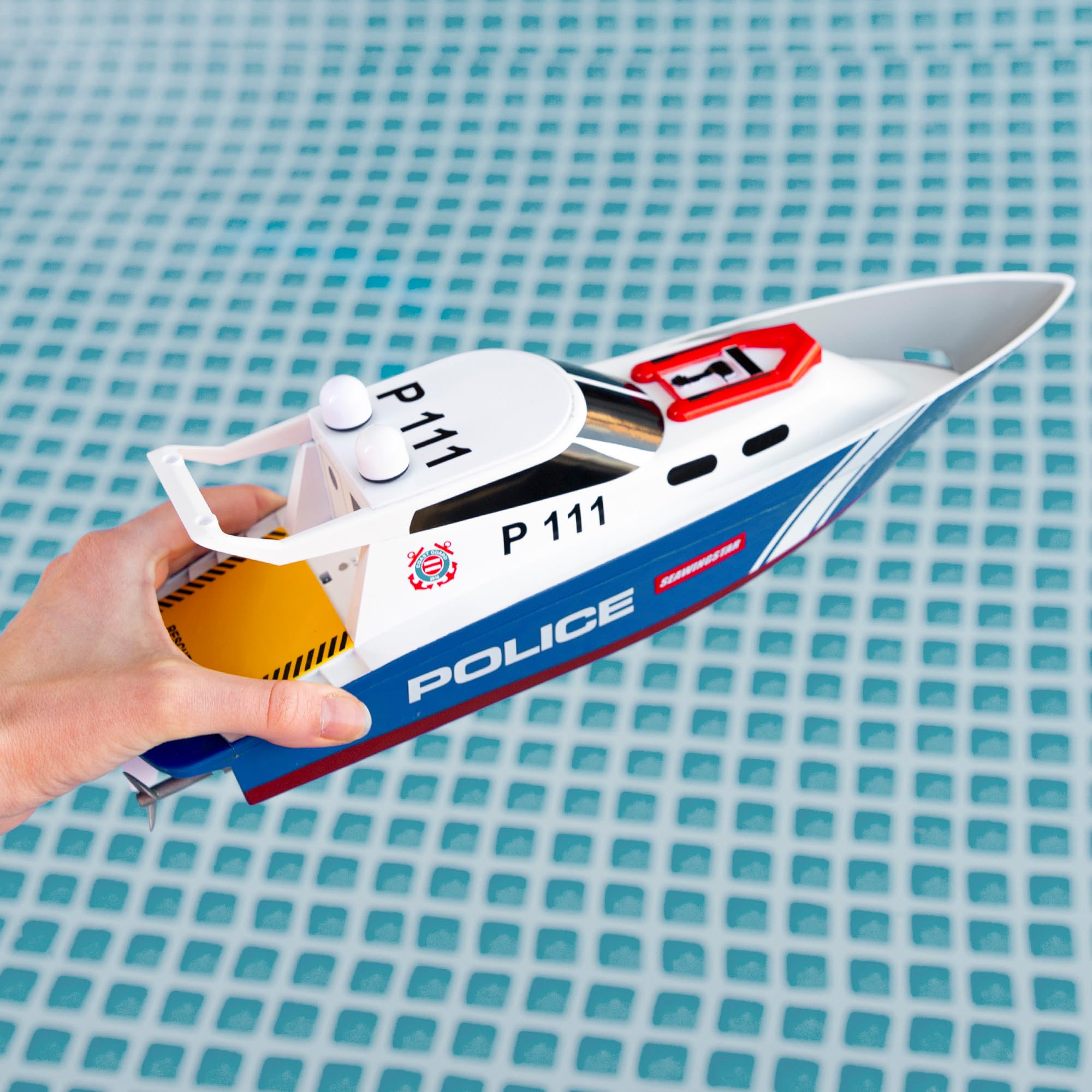 ColorBaby 47674 Racing Boat Lancha radiocontrol policía, 36x10x10 cm, Mando Control Remoto, 6 direcciones, 2.4 GHz, Alcance 35-40 m, Barco RC, Juguetes radiocontrol, Juguetes para niños, +4 años