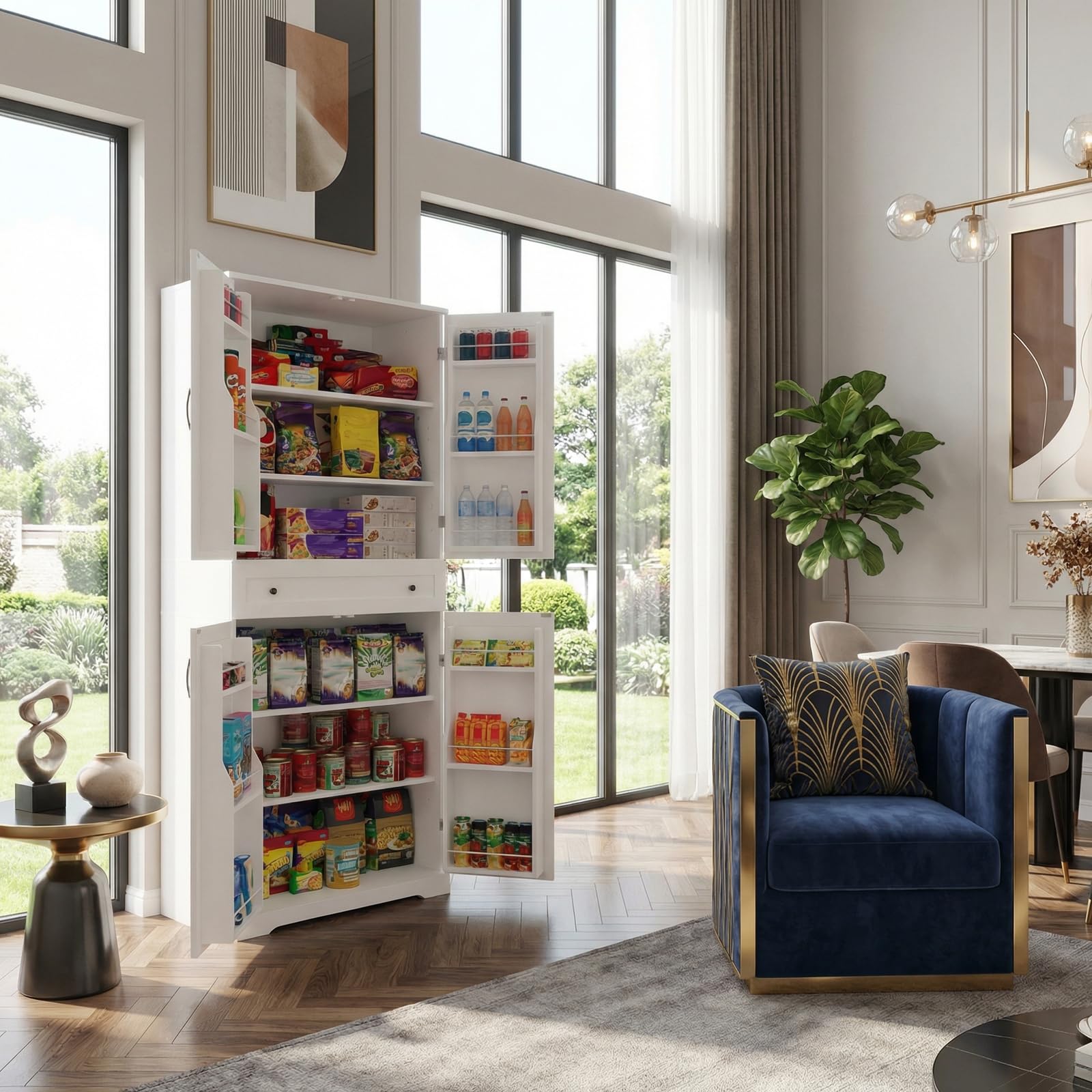 VOWNER Mueble Auxiliar de Cocina, Armario Aparador, Alacena de Despensa, 183H x 76L x 40W cm, Mueble Cocina, con 12 Estantes Laterales en la Puerta y 4 Baldas Ajustables (Blanco)