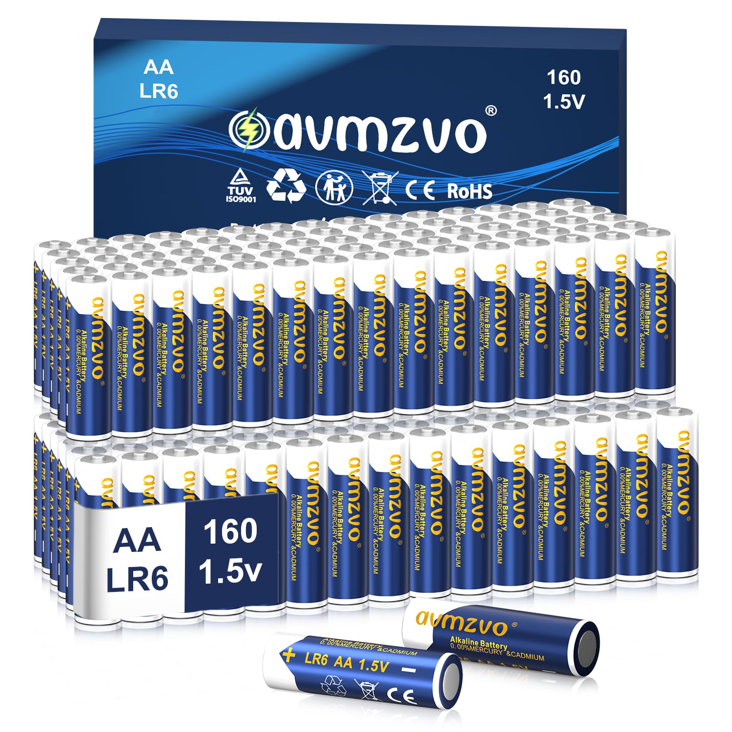 Lot de 160 piles alcalines LR6, 1,5 V, puissance longue durée