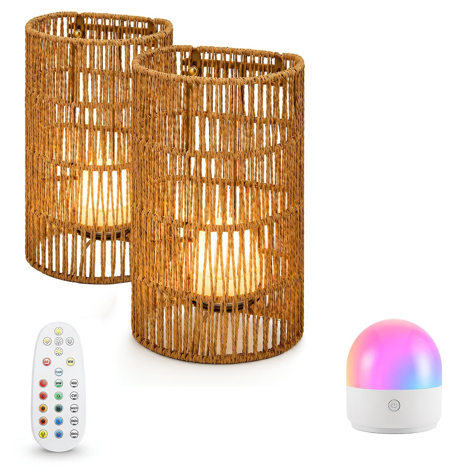 2 Stück Boho Rattan Wandlampe Innen Akku,wandleuchte innen Stromanschluss,RGB Dimmbare Wandleuchten mit Fernbedienung, 3Zeitplanungsmodi, Boho Rattan Nachttischlampe für Schlafzimmer Wohnzimmer Flur