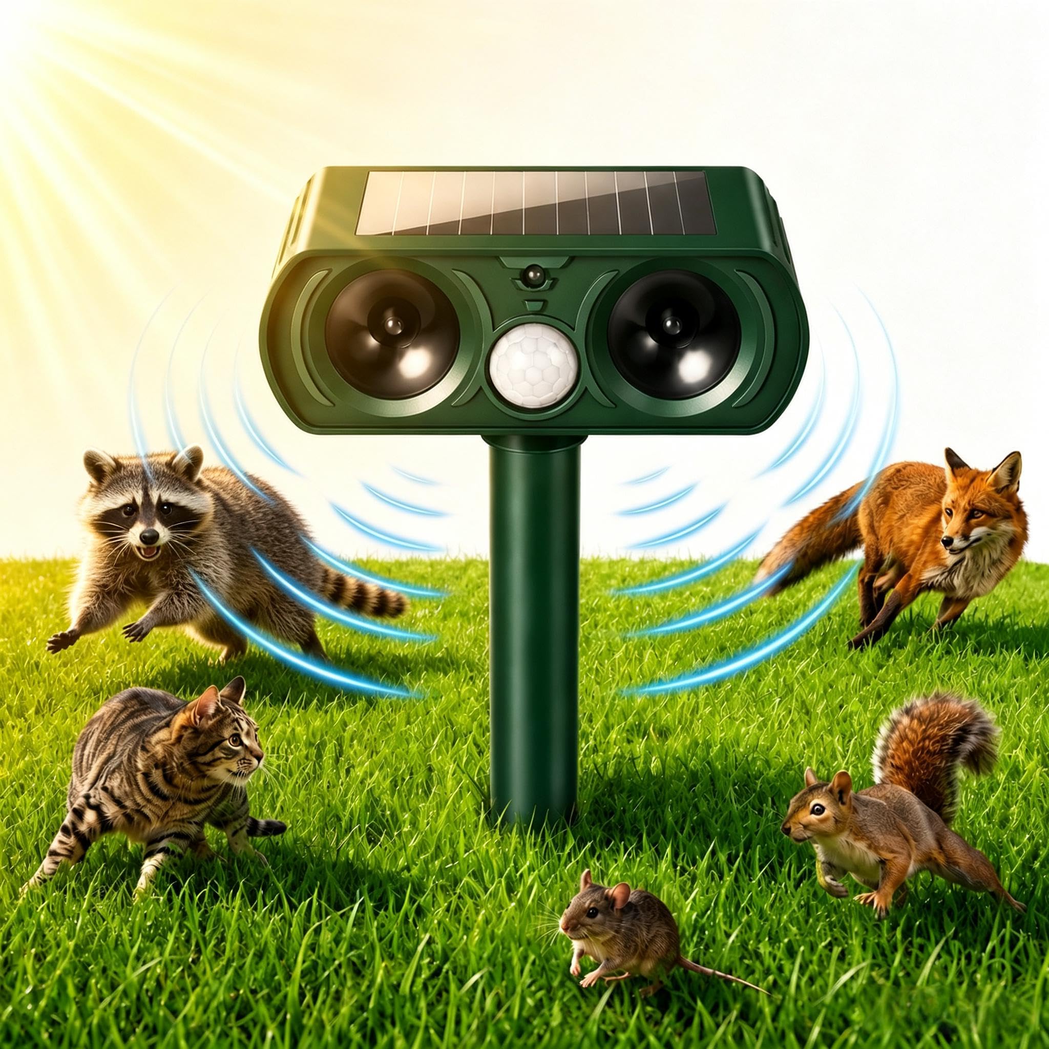 Cat Repellent Garden, Fox Deterrent, IPX4 Waterproof, Ultrasonic Cat Scarer, 110° PIR Motion Sensor, Solar Powered, 5 Modes, Foxes and Cat Repeller for Squirrels Birds Rabbits