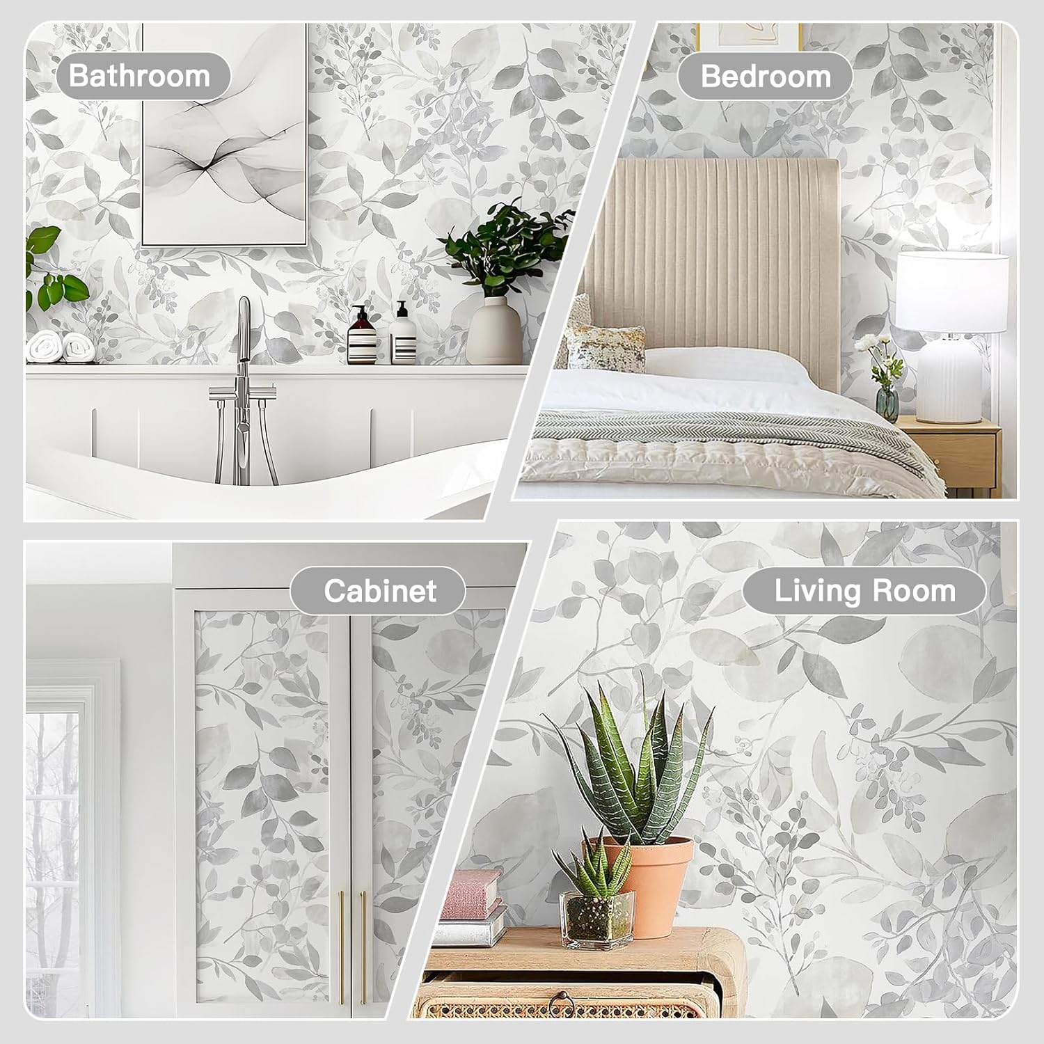 Safiyya Grey Leaf Wallpaper Peel and Stick Wall Paper Boho Contact Paper 197" x 17.3" Self Adhesive Removable Wallpaper for Bedroom Bathroom Vinyl Rolls