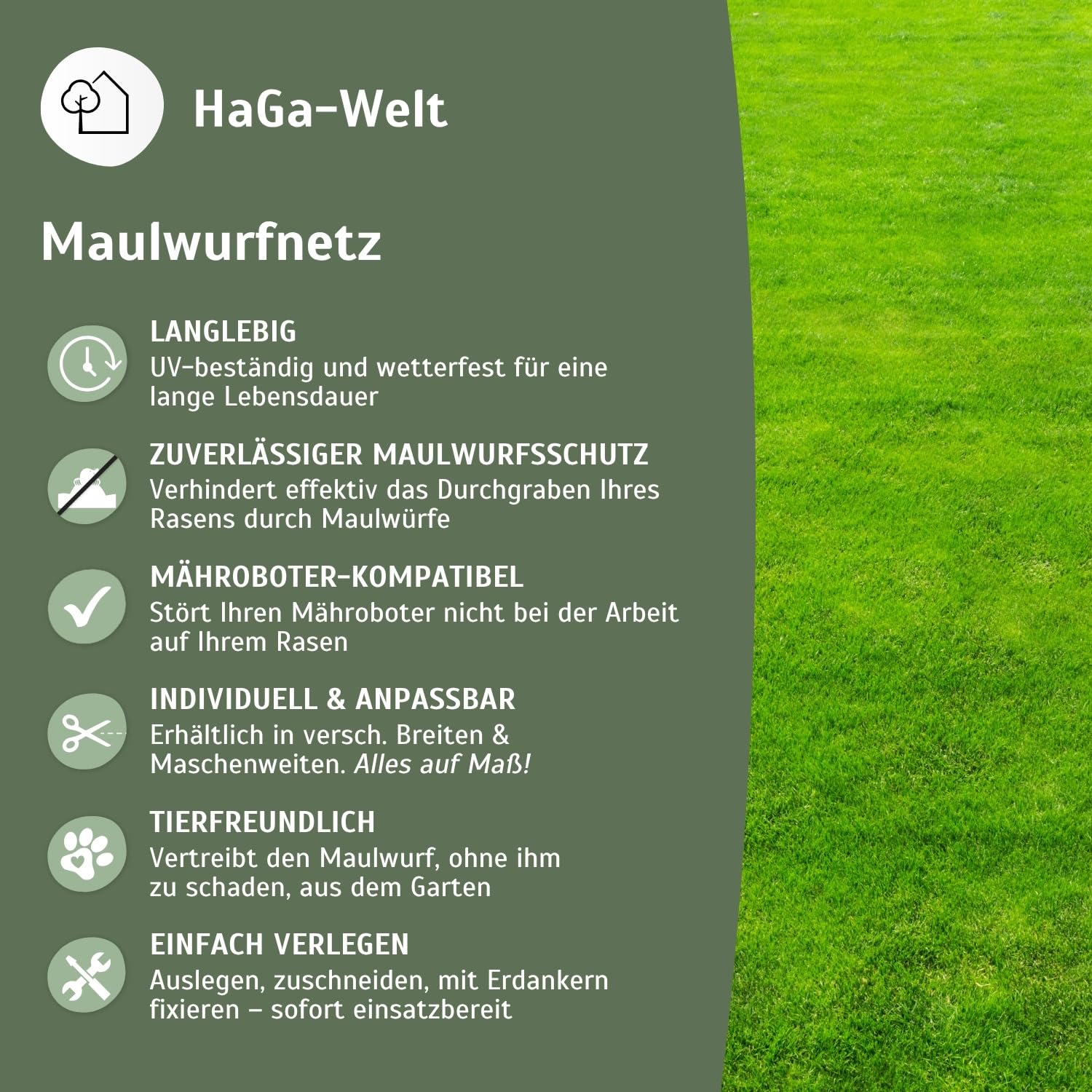HaGa Maulwurfnetz - 2m x 70m - Schutznetz gegen Maulwurf - effektives Maulwurf vertreiben unter Rasen & Rollrasen - Tierfreundlicher Maulwurf Vertreiber & Maulwurfschreck