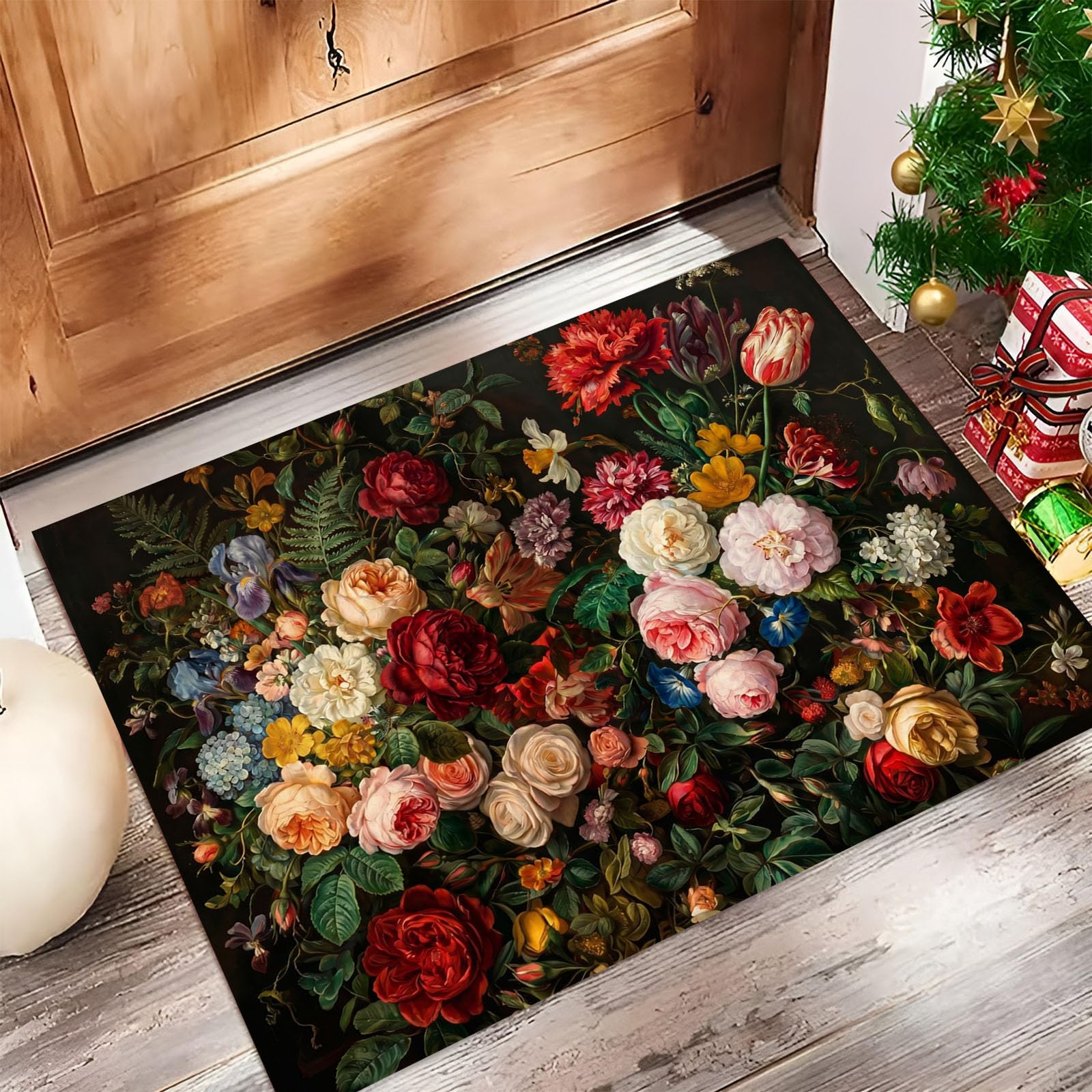Felpudo Ultrafino Para Interiores, 80X120Cm, Pintura Clásica Al Óleo De Flores Alfombra Antideslizante Lavable Para Entrada, Botánica Gótica Felpudo De Perfil Bajo, Atrapa Suciedad, Rojo Oscuro