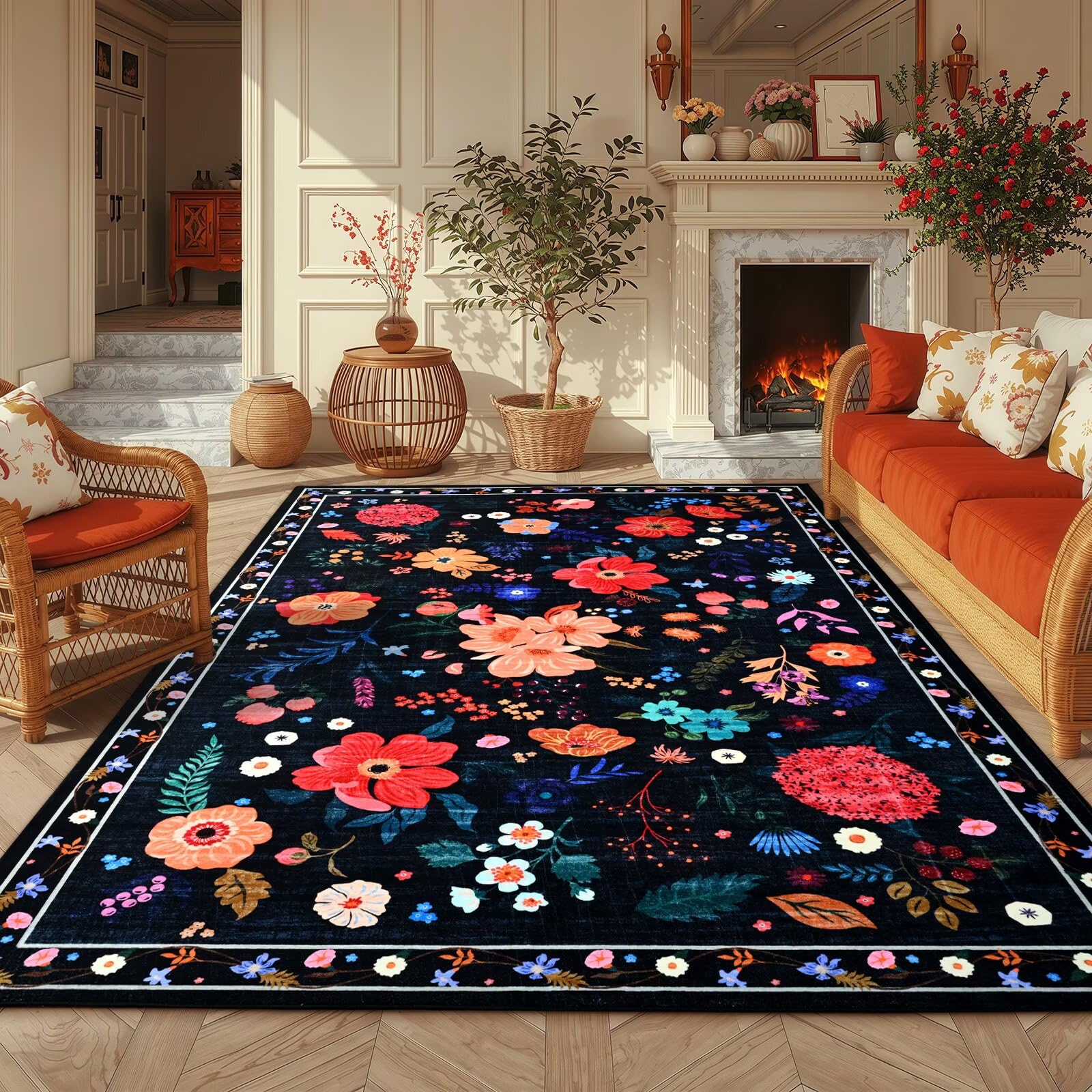 Macgace 6x9 Black Floral Rug for Girls Bedroom, Machine Washable Area Rugs with Non Slip Backingfor Living Room, Cute Flowers Carpet Kitchen Dining