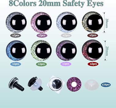 ARTCXC 32Pcs 20mm 3D Grid Glitter Safety Eyes and Safety Washers for Crocheting 8Colors Moon Safety Eyes for Amigurumi Craft Eyes for DIY Making of Plush Animal Doll Puppet DIY Project