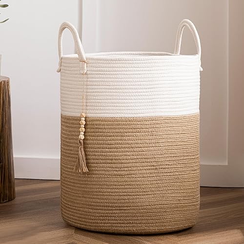 UBBCARE Cesta de lavandería alta de 58 litros, 16 x 20 pulgadas, cesta de almacenamiento de cuerda tejida grande con asas, cesta de lavandería para