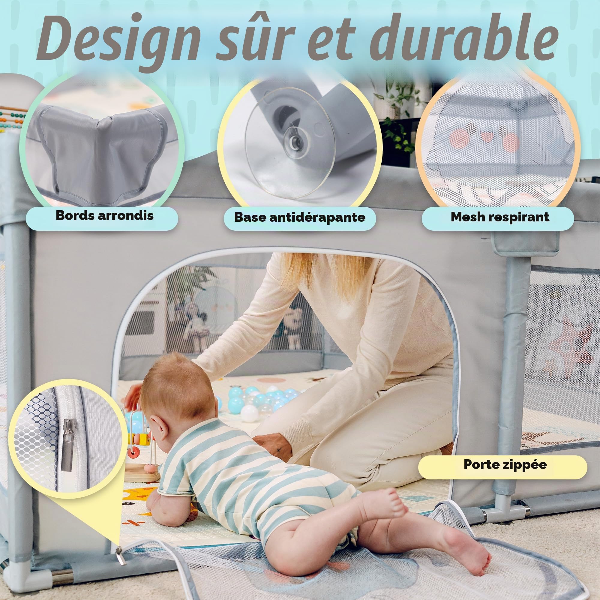 Parc pour bébé 150 x 180 cm + tapis pour bébé + 60 balles + poignées + sacs de transport – Parc de jeux pour bébé avec maille respirante – Playpen Bebe (150 x 180 cm)