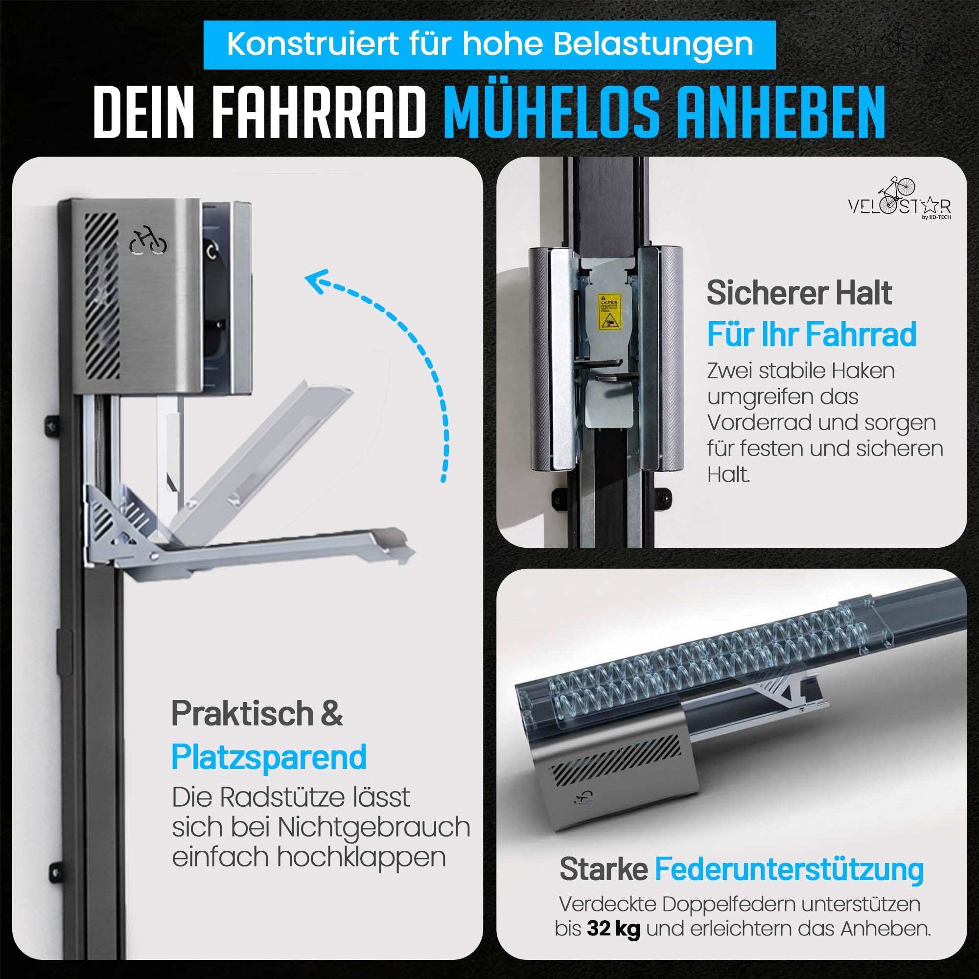 Fahrradlift für Garage von Velostar by 32 kg Fahrradwandhalterung Fahrrad Lift mit Sicherheitsbremse & Arretierung Fahrradhalter platzsparend für E-Bike geeignet inkl. Fischer Dübel