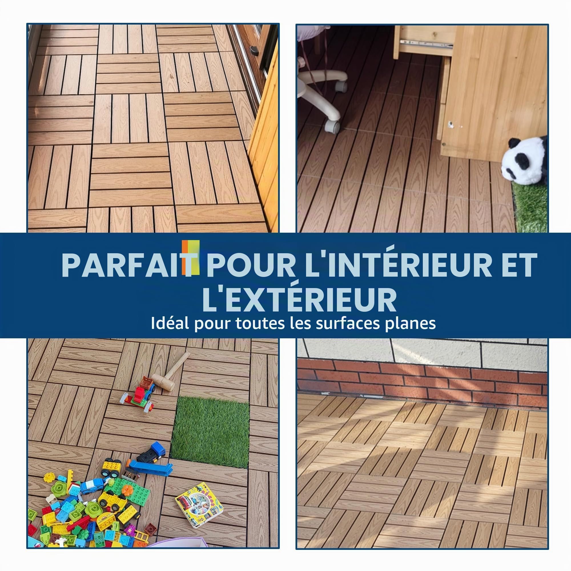 Dalles de terrasse clipsables en composite imitation bois,30 * 30cm Étanches et antidérapantes Idéal étenduérieur/intérieur Pour balcon, jardin, piscine, patio (Couleur teck, Lot de 9)