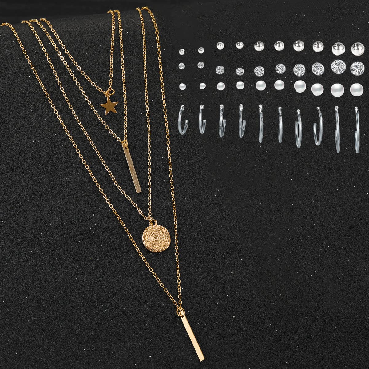 Layered Necklace & Silver Earrings Set Combo