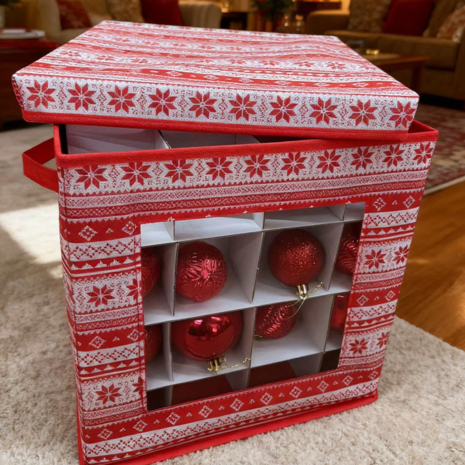 Robuster Aufbewahrungskoffer für Weihnachtskugeln aus Vliesstoff mit verstellbaren Trennwänden und sichtbarem für Etiketten Großer Aufbewahrungskoffer für Weihnachtsdekorationen mit großem