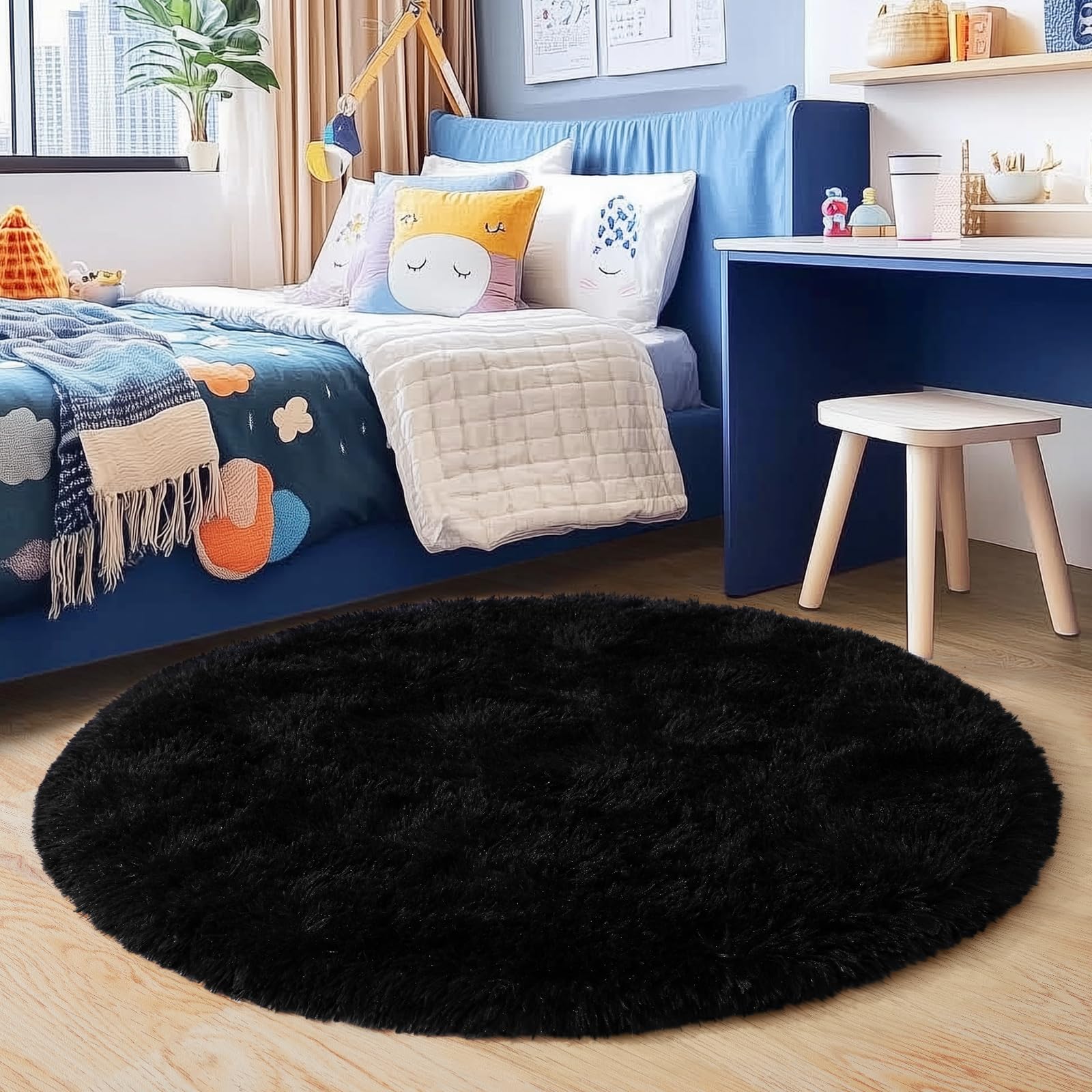 Quntue 4'x4' Black Round Rug for Bedroom, Ultra Soft Fluffy Circle Rug for Kids Girls Boys Room, Cute Shag Rugs for Living Room Playroom Teen Room Home Decor Rug โ image 1