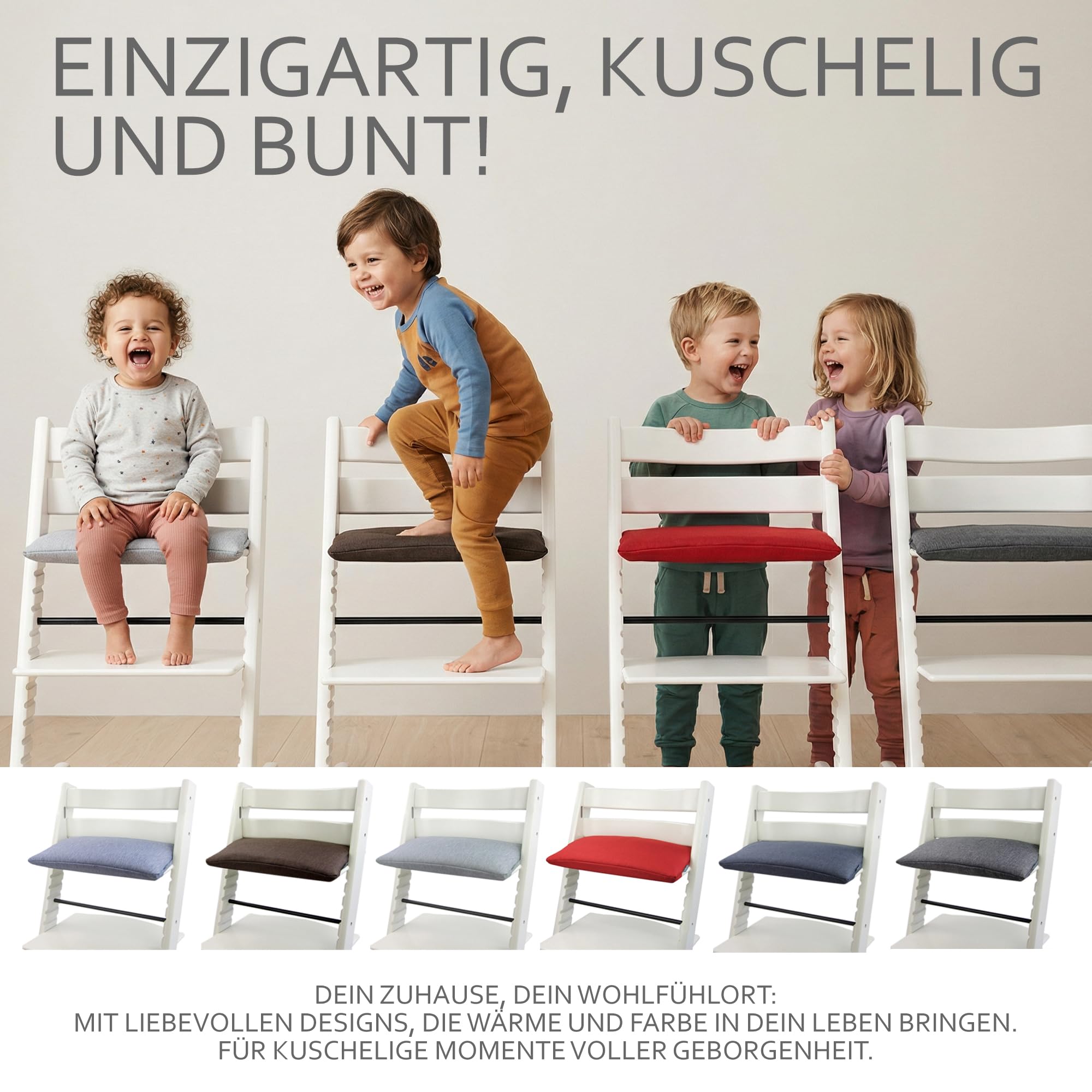 BambiniWelt Ersatzbezug Tripp Trapp – Sitzkissen komp. mit Stokke Hochstuhl, 1-teilig, gepolstert & waschbar, Auflage mit Klettverschluss für Kinderstuhl Mod. 3 (1-teilig meliert dunkelgrau)