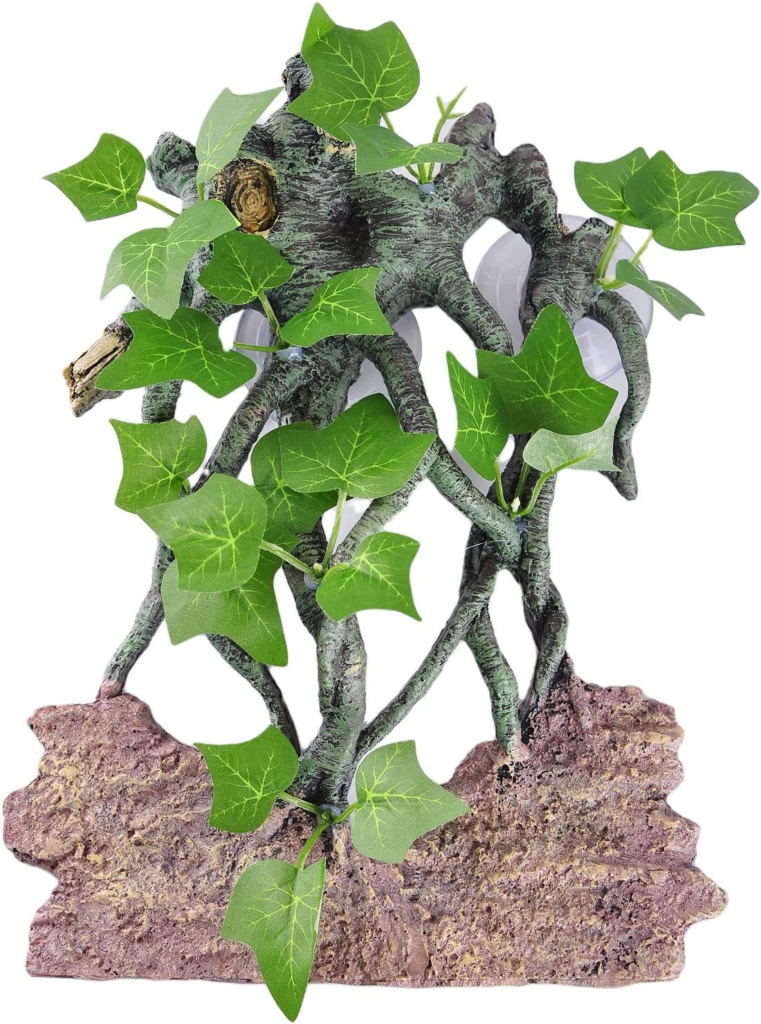 IBWell Resin Reptile Corner Branch with Rock, Amphibian Lizard Snake Climbing Ornament, Lifelike Terrarium Plant Decoration with Suction Cup