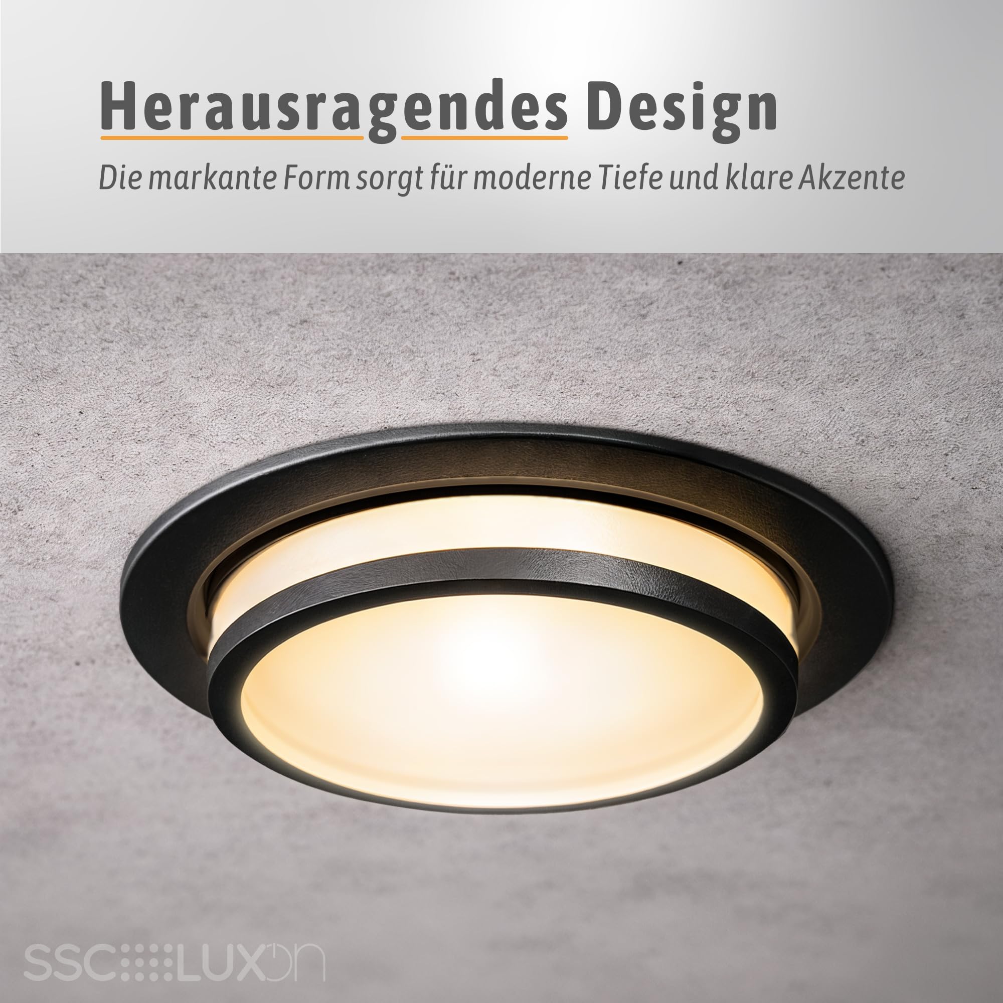 SSC-LUXon LAGO LED Einbauspot 4 Stück schwarz indirekt 4W 3 Lichtfarben | Vier Design-Deckenspots schwarz mit indirektem Licht - warm / neutral / tageslicht, schwenkbar, inkl. LED, nur 35mm tief