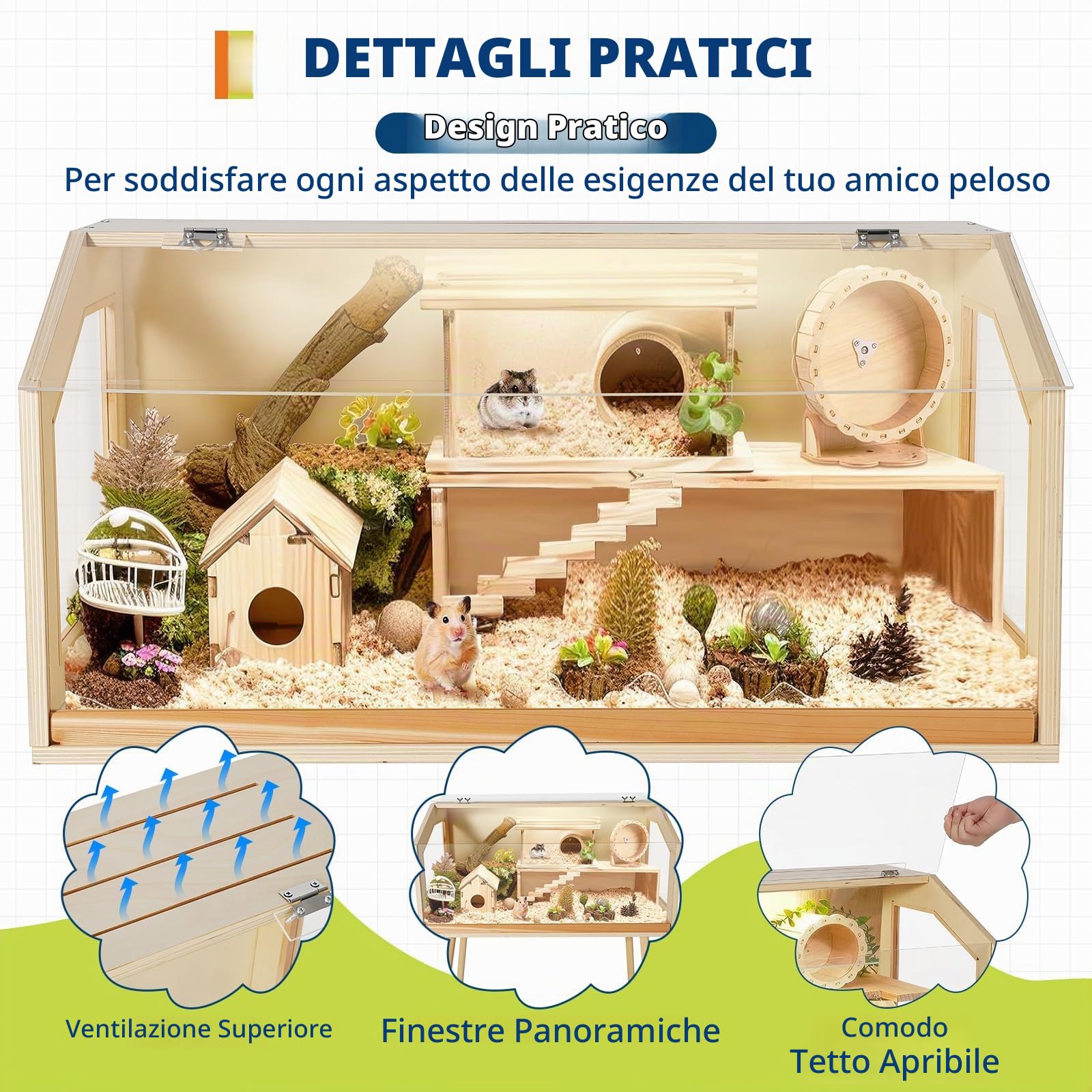Ampio habitat in legno per piccoli animali - Gabbia per criceti con gambe, finestra in acrilico, tetto apribile, facile montaggio, ideale per criceti, gerbilli, ratti, porcellini d'India e