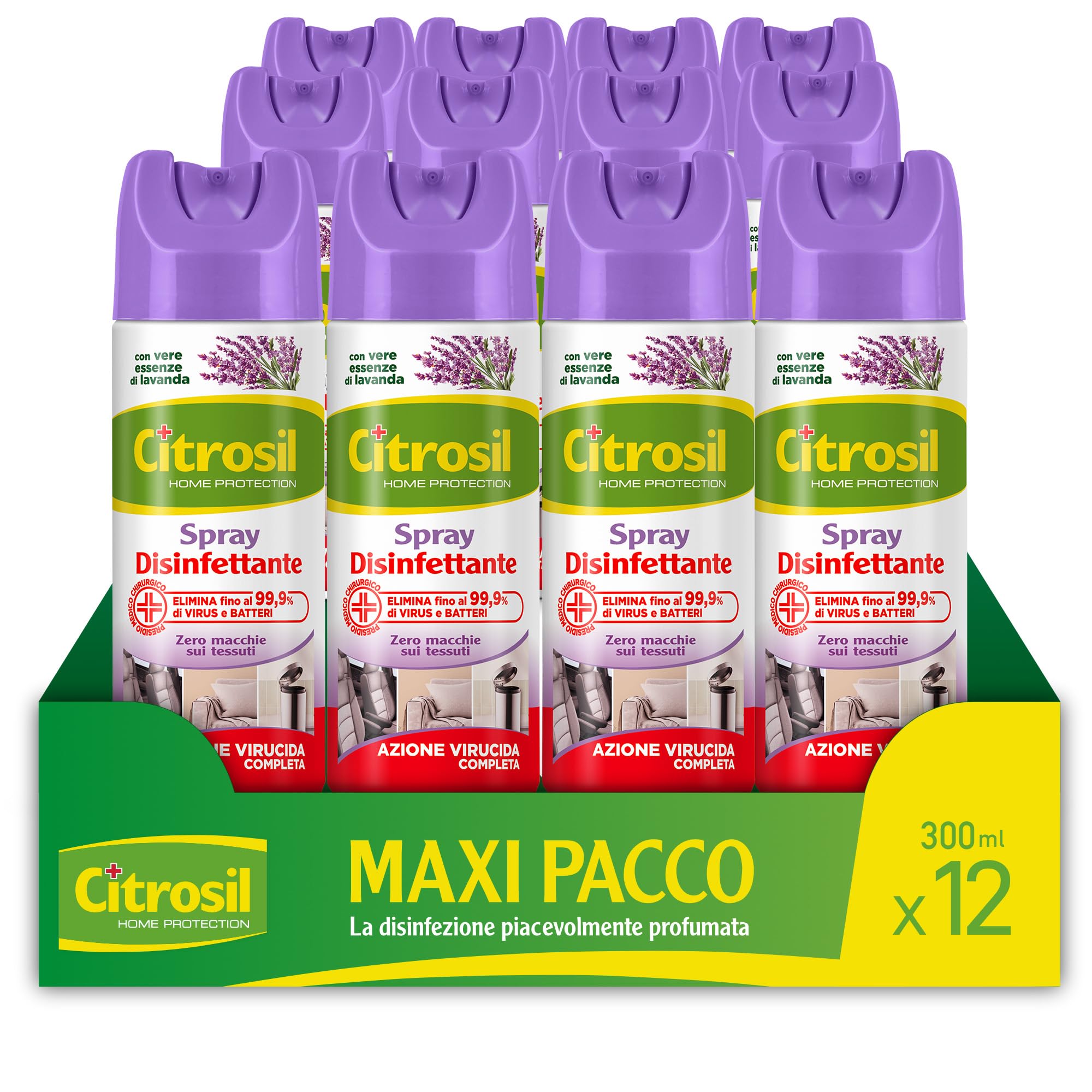 Citrosil Disinfettante Spray, Azione Virucida Completa, Elimina Fino al 99,9% di Virus e Batteri, Essenza di Lavanda, 300 ml x 12 Confezioni