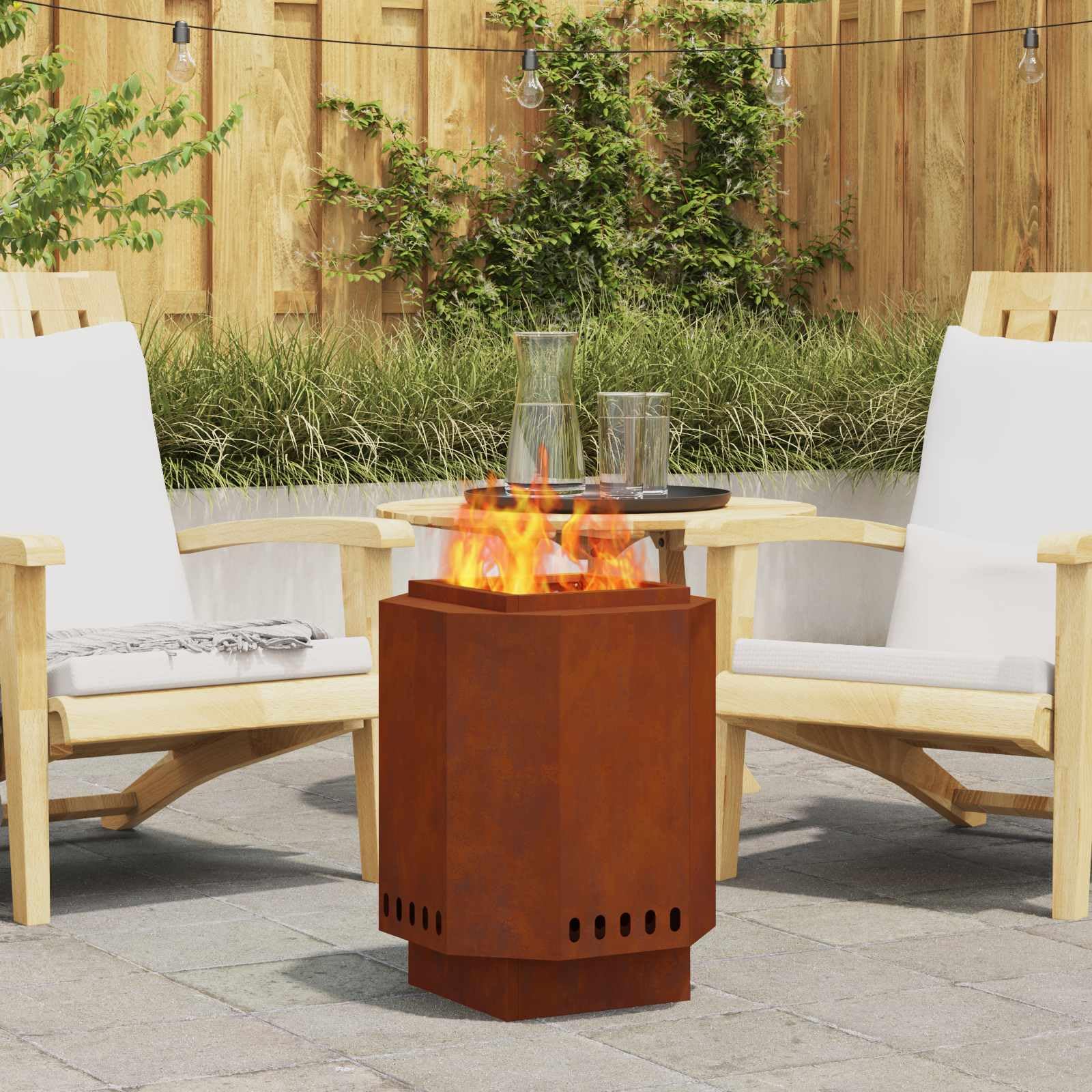Brasero marrón de acero resistente a la intemperie, 38 x 38 x 51 cm, para jardín, terraza, exterior, eficiente distribución del calor, llama decorativa, hoguera duradera para noches acogedoras