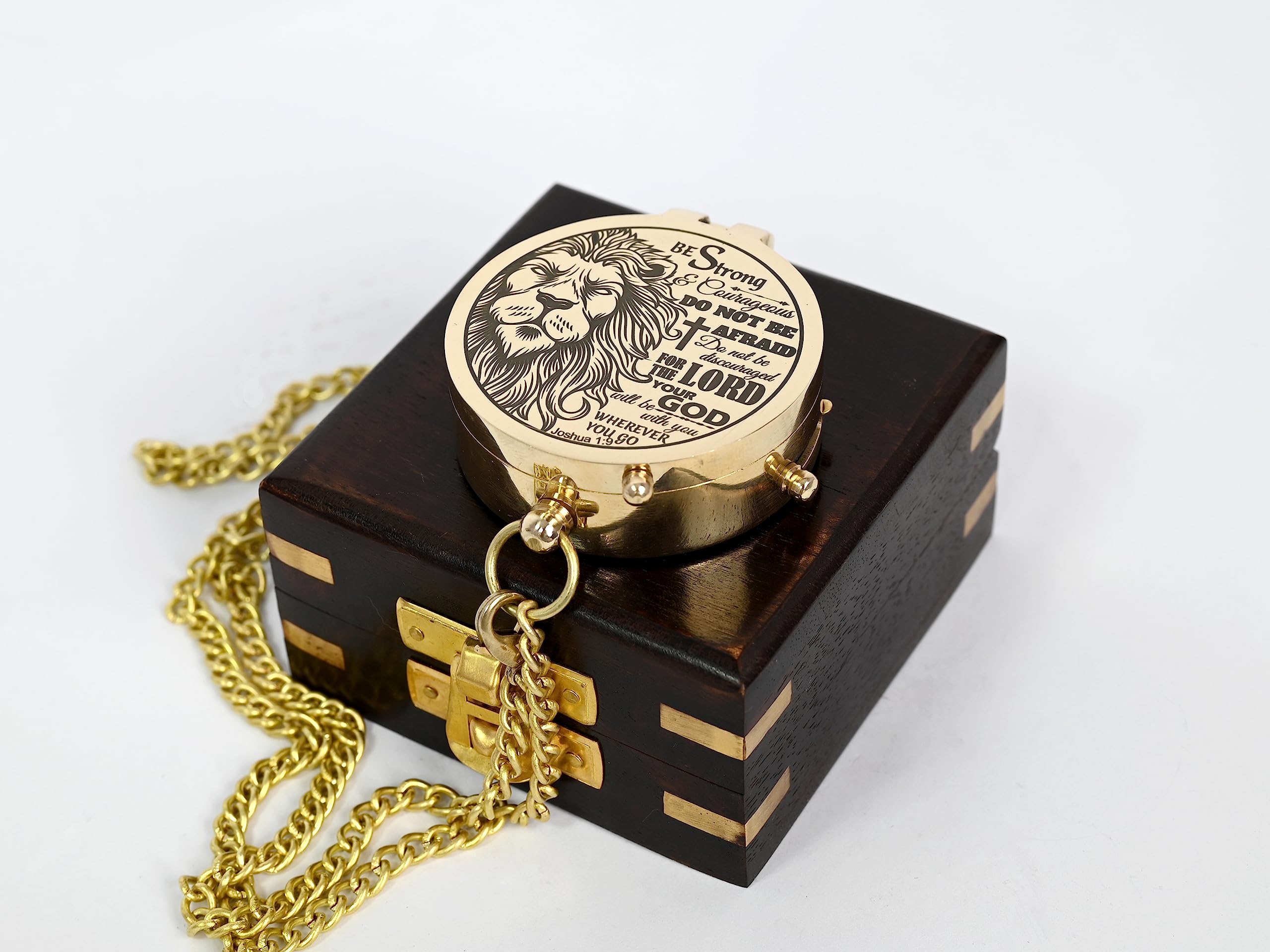 Brass Compass Engraved with Religious Scripture Verse (Joshua 1:9) - Perfect for Baptism, Confirmation, Communion - Ideal for Godson, Church, Graduation - Presented in Wood Box