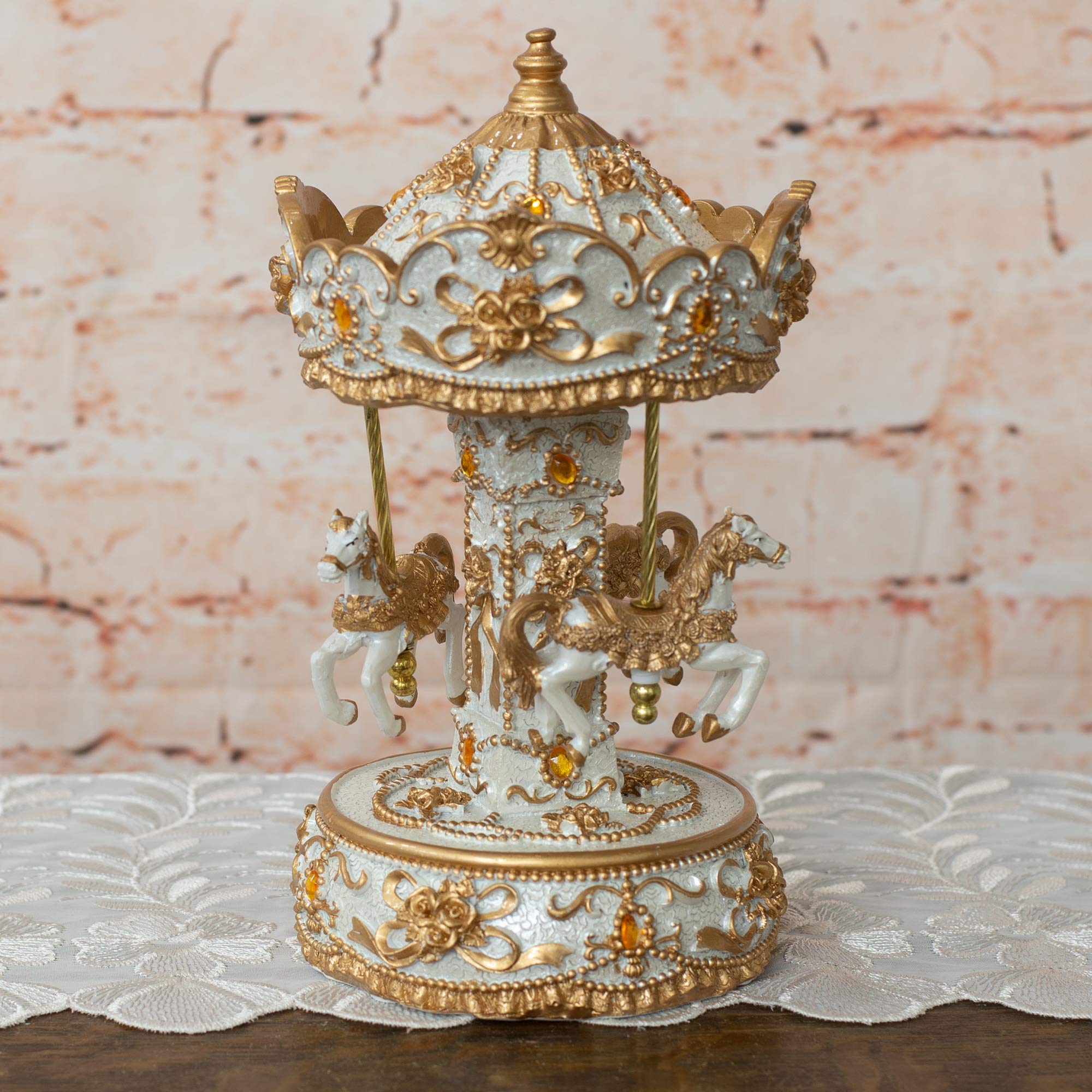 Elanze Designs Pozłacane złote konie muzyczna karuzela 25 cm obrotowa figurka gra melodia karuzela walc