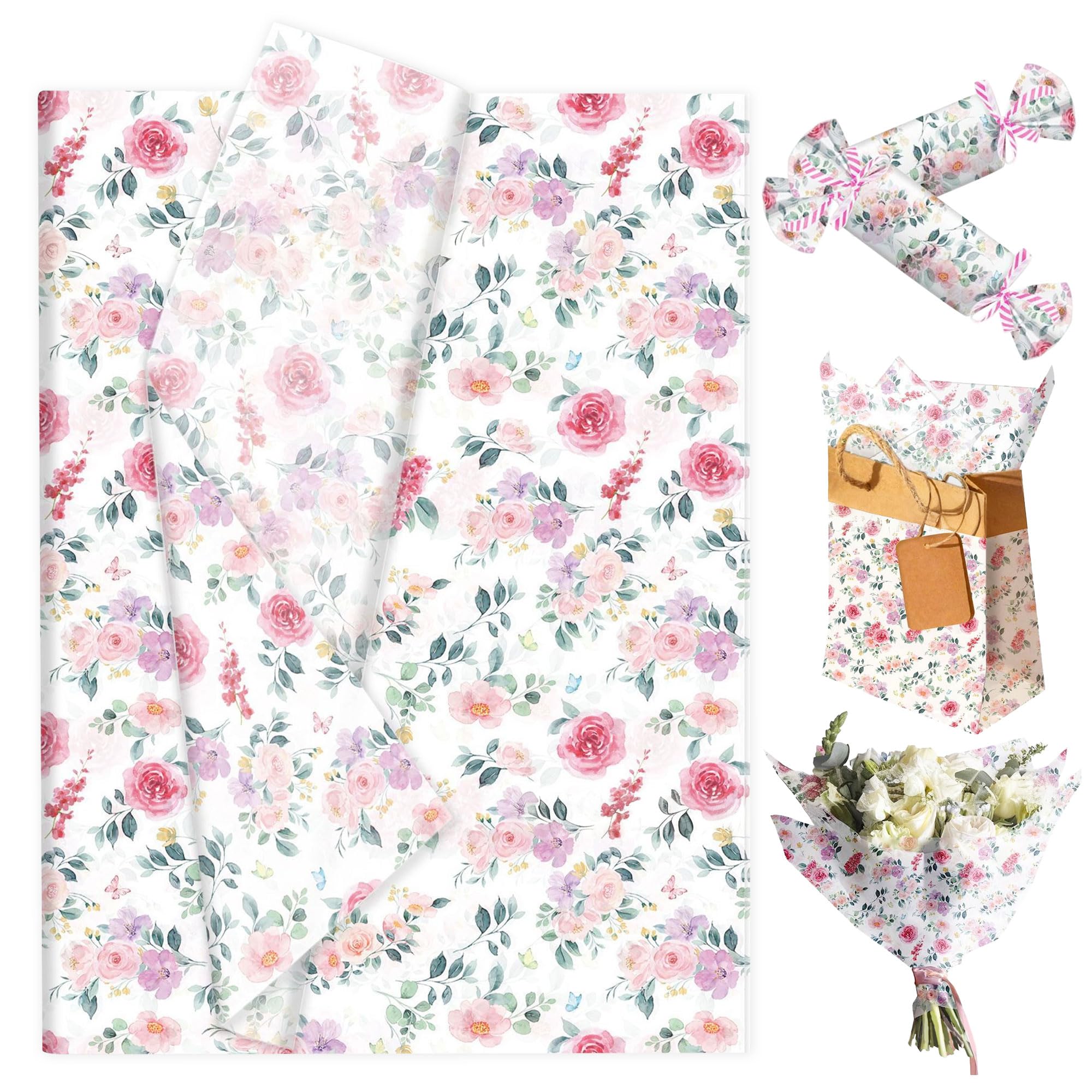 50 Sheet Floral Tissue Paper Gift Wrapping Paper Flowers Packaging Patterned for Baby Shower Wedding Birthday Bridal Shower Party Decor