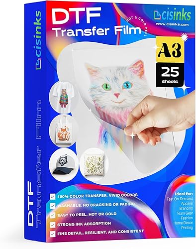Cisinks Película de transferencia DTF de alta calidad de 11.75 x 16.5 pulgadas, A3, 25 hojas de papel de transferencia de calor PET transparente