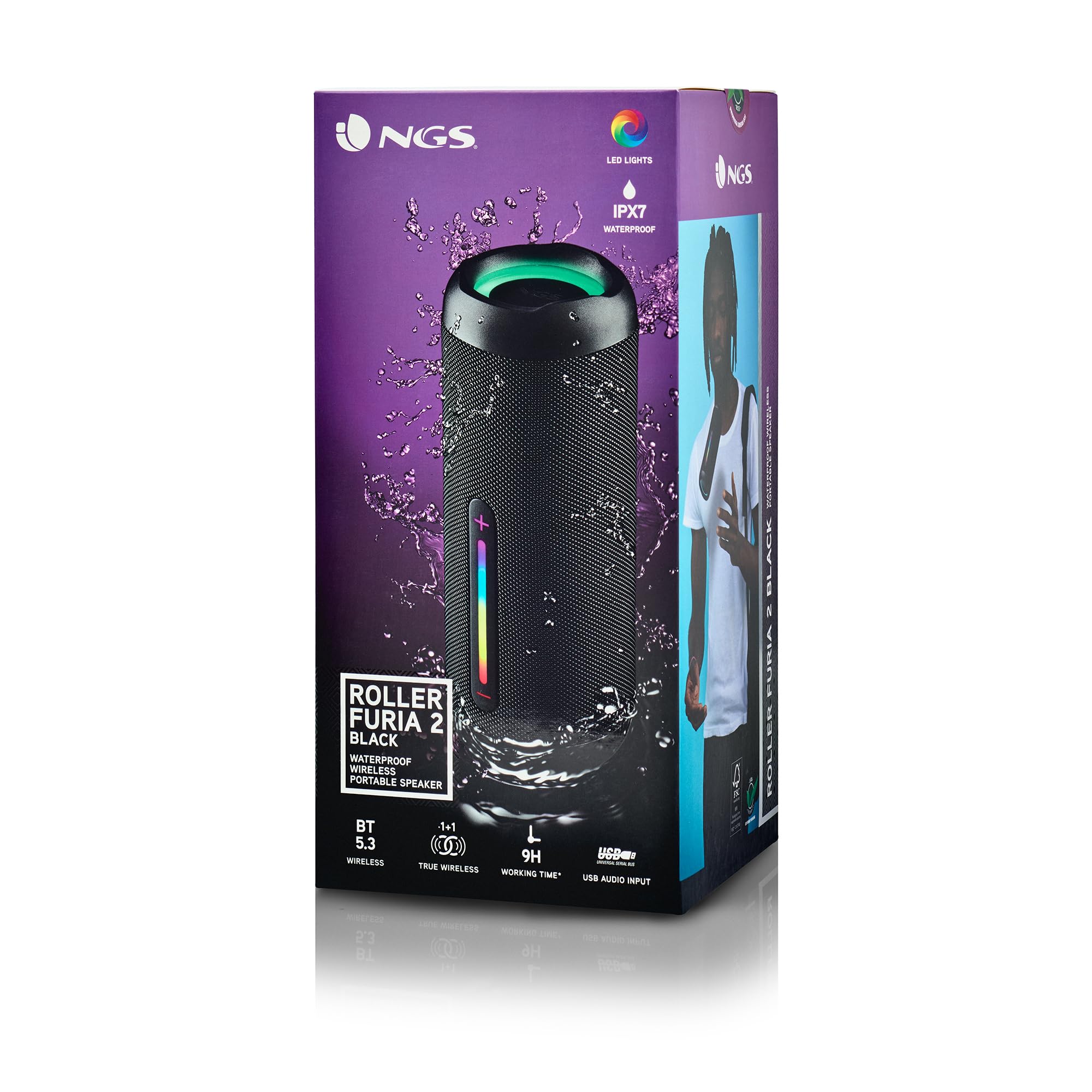 NGS Roller Furia 2 Black - Altoparlante Wireless Compatibile con Bluetooth, Impermeabilità IPX7, 30 W, True Wireless, USB, Durata Batteria 9 Ore, Nero