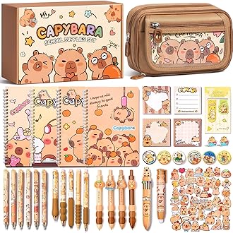 Kid School Supplies for Girl Age 5 6 7 8-12 13 14 Year Old, 36PCS Kawaii Tween Teen Girl Birthday Easter Gift Cute Capybara Stationery Set w/Pencil Case Gel Pen Pencil Sticker Notebook Sticky Note