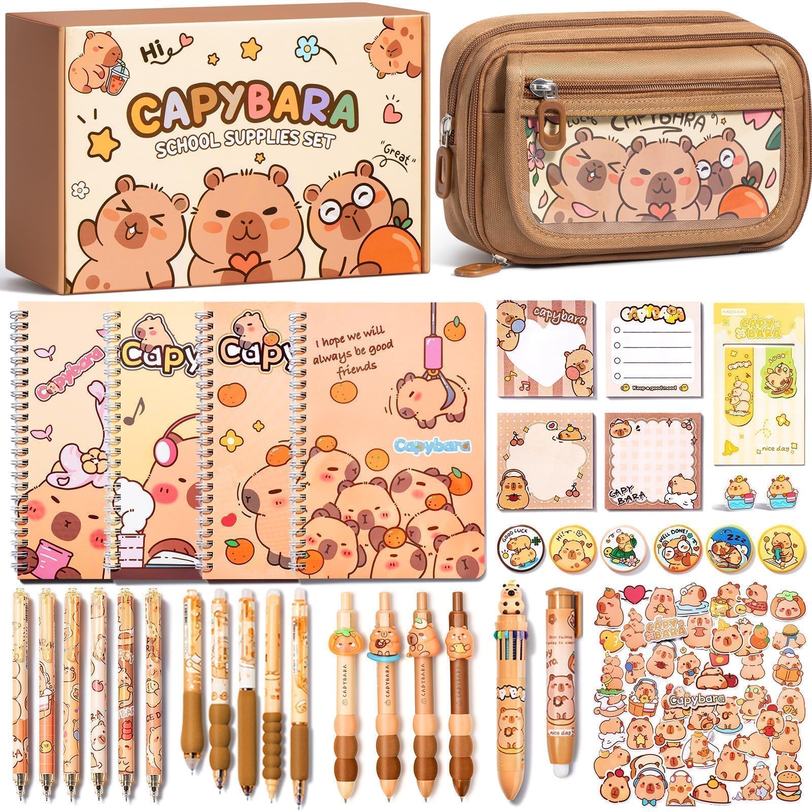 Kid School Supplies for Girl Age 5 6 7 8-12 13 14 Year Old, 36PCS Kawaii Tween Teen Girl Birthday Easter Gift Cute Capybara Stationery Set w/Pencil Case Gel Pen Pencil Sticker Notebook Sticky Note