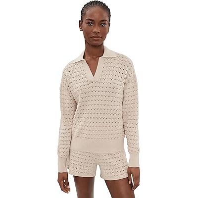 Barefoot Dreams Heathered Cotton Tulip Pointel Collared Pullover heathered stone