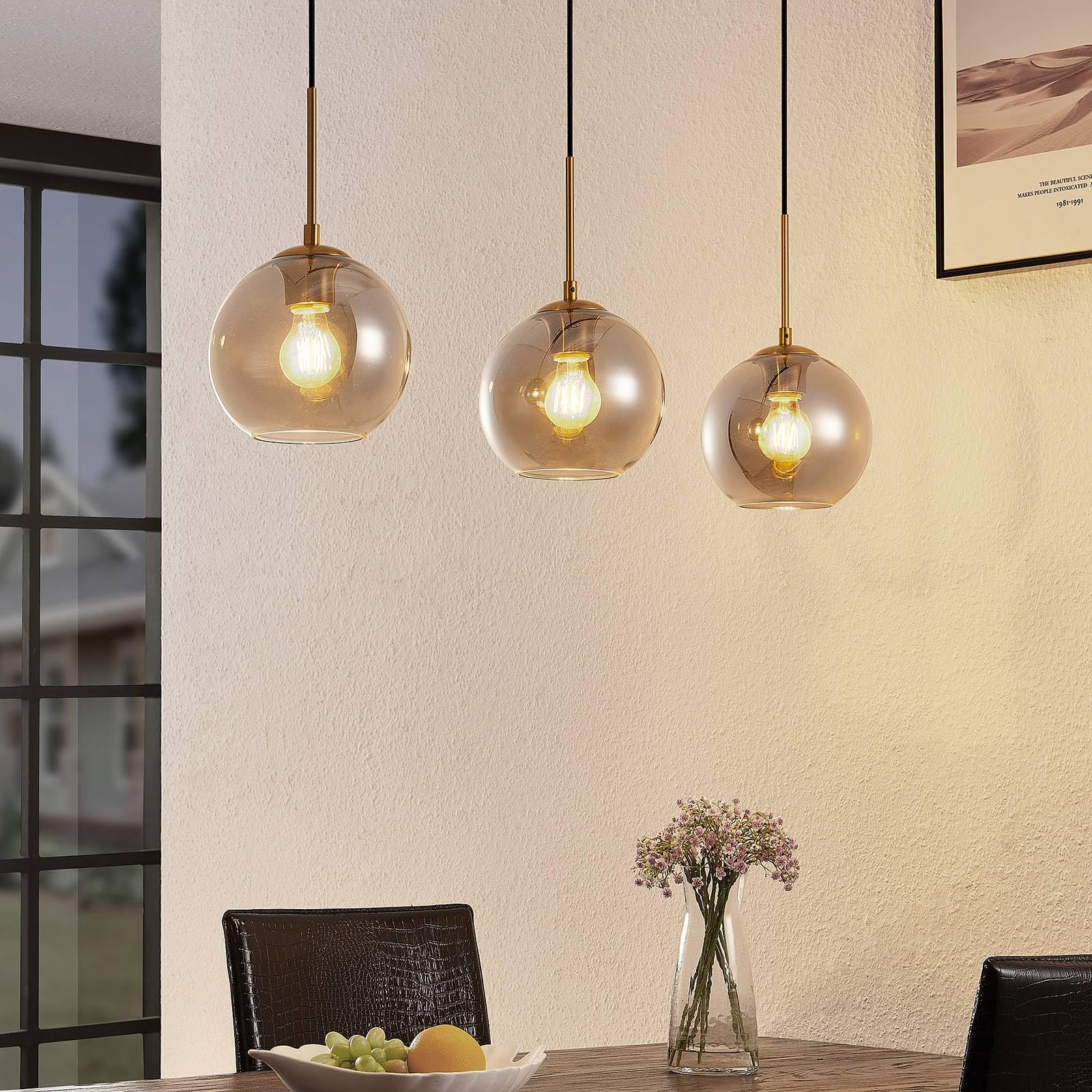 Lindby Lampadario a Sospensione Moderno 3 Sfere in Vetro Fumè, Luci E27 Sospeso Bolle per Cucina Sala da Pranzo Soggiorno Tavolo Ristorante Metallo 110 cm