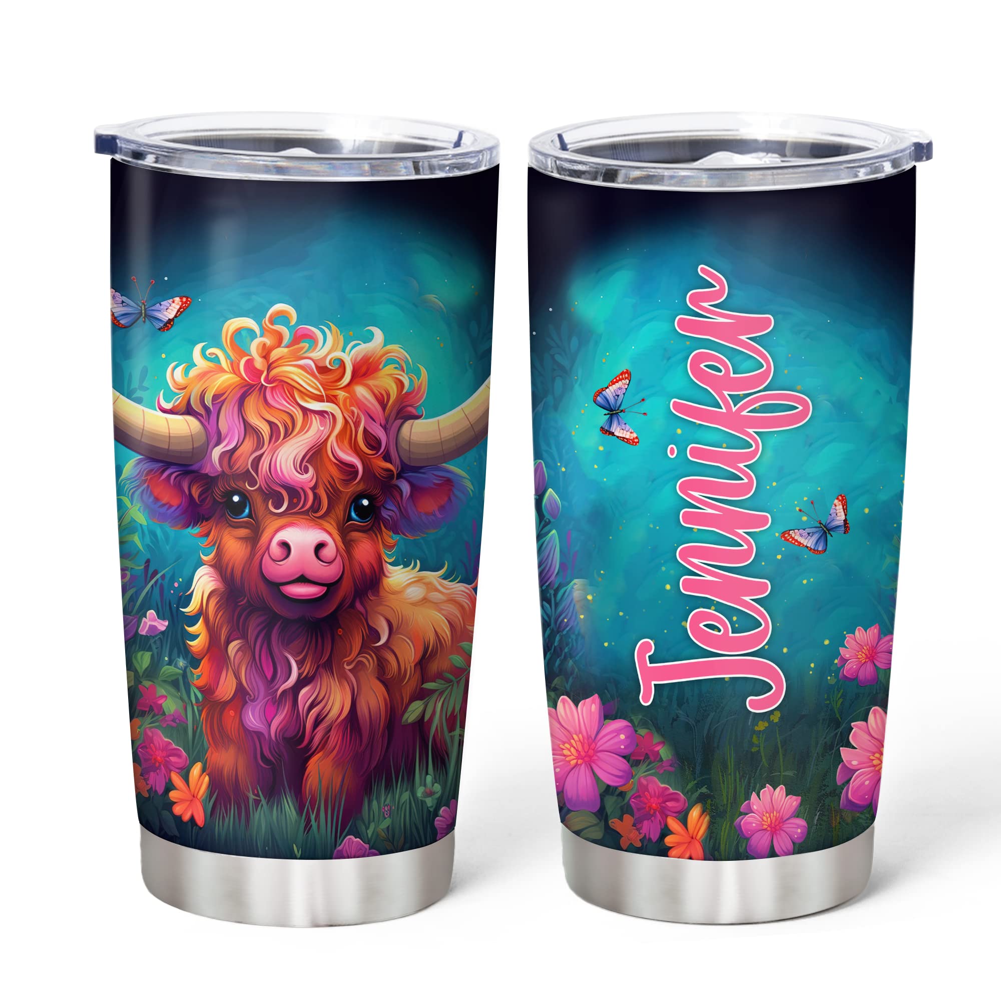 Hyturtle Personalized Gifts For Highland Cow Lover - Highland Cow Customized Name Stainless Steel Tumbler 20oz With Lid - Idea Farm Animals Lover Gifts For Women, Girl, kids On Birthday, Christmas