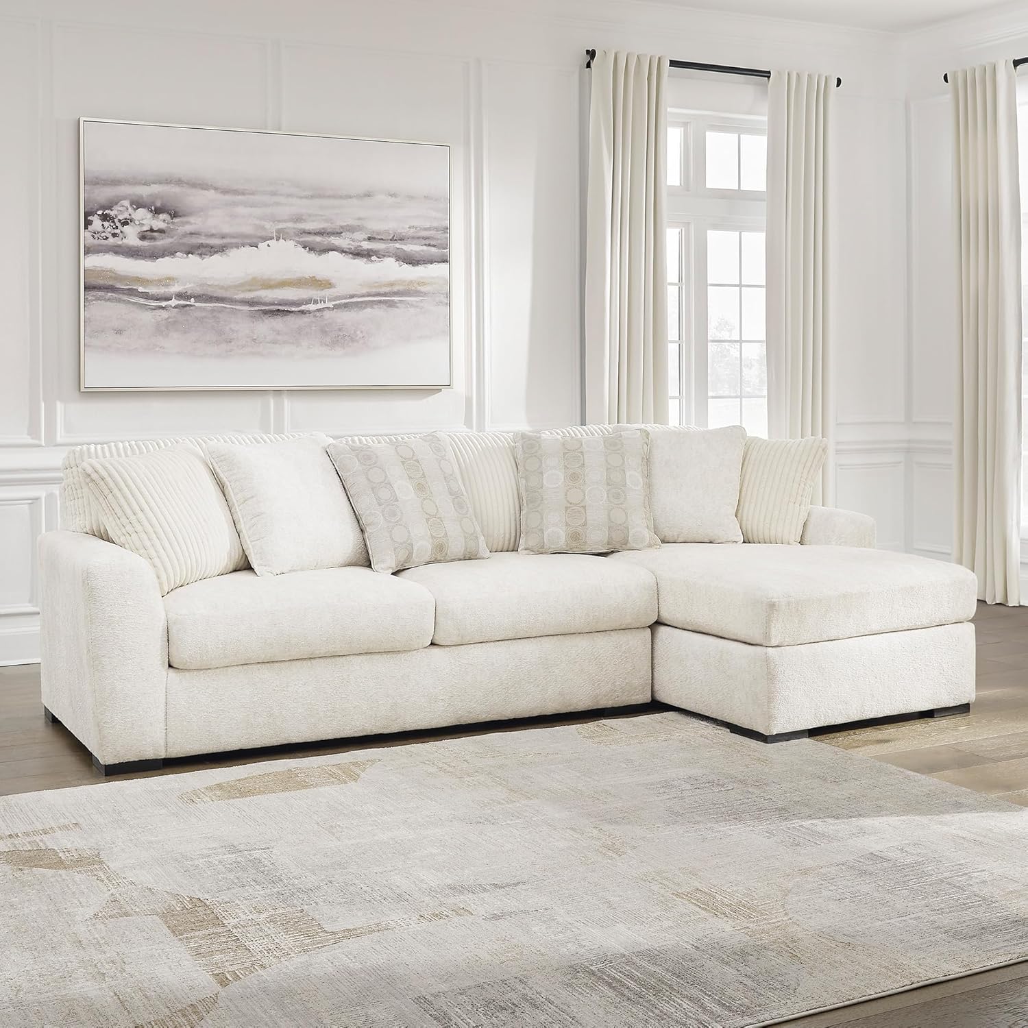 Signature Design by Ashley Chessington L-Shaped 2-Piece Sectional with Chaise, Reversible Cushions, 6 Accent Pillows, Fabric Upholstery, 120" W x 65" D x 40" H, White