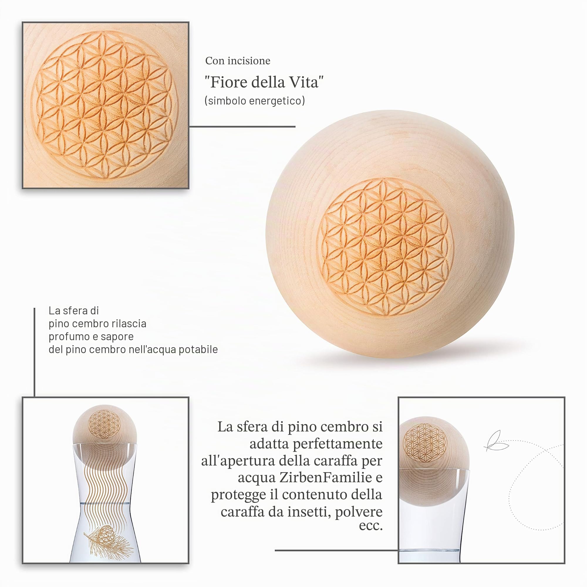 Zirben Familie Il set originale a sfera di cembro | dona all'acqua un tocco speciale | 1 litro di caraffa in vetro di cristallo con coperchio in legno di cembro | Flower des Life Edition