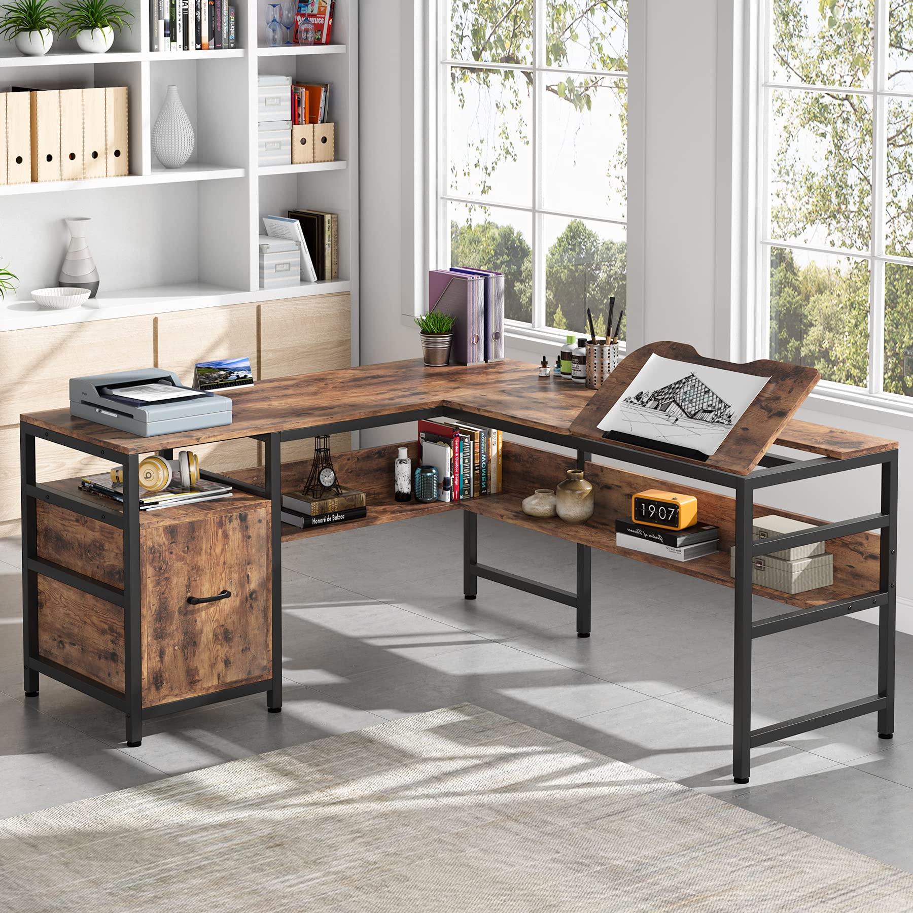 Buy Tribesigns LShaped Desk with File Drawer & Storage Shelves, 59