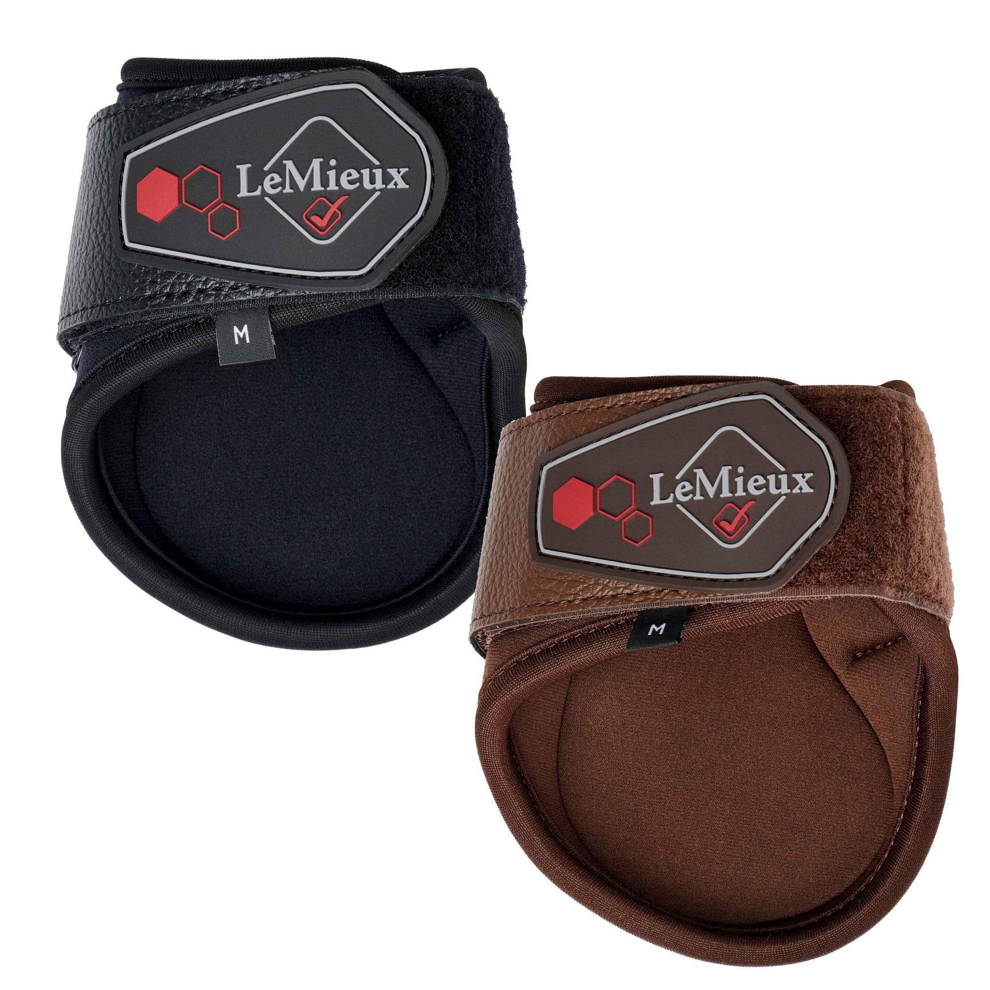 LeMieux Par de botas para caballo Fetlock compatibles con los impactos, color marrón con zona protectora moldeada, rejillas de ventilación de malla y cierre de doble bloqueo, talla L