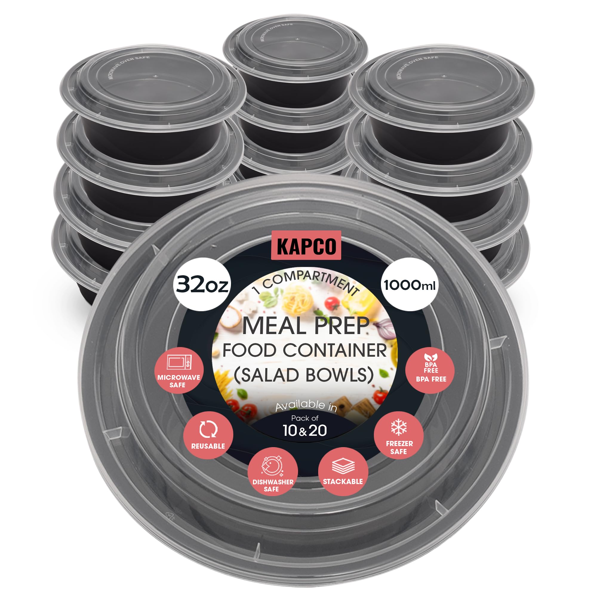 KAPCO Round Meal Prep Containers (10 Pack, 32oz) Reusable BPA Free Plastic Food Storage Boxes - Airtight Lids, Microwave Freezer Dishwasher Safe Fridge Organiser Bento Lunch Box, Stackable Salad Bowls