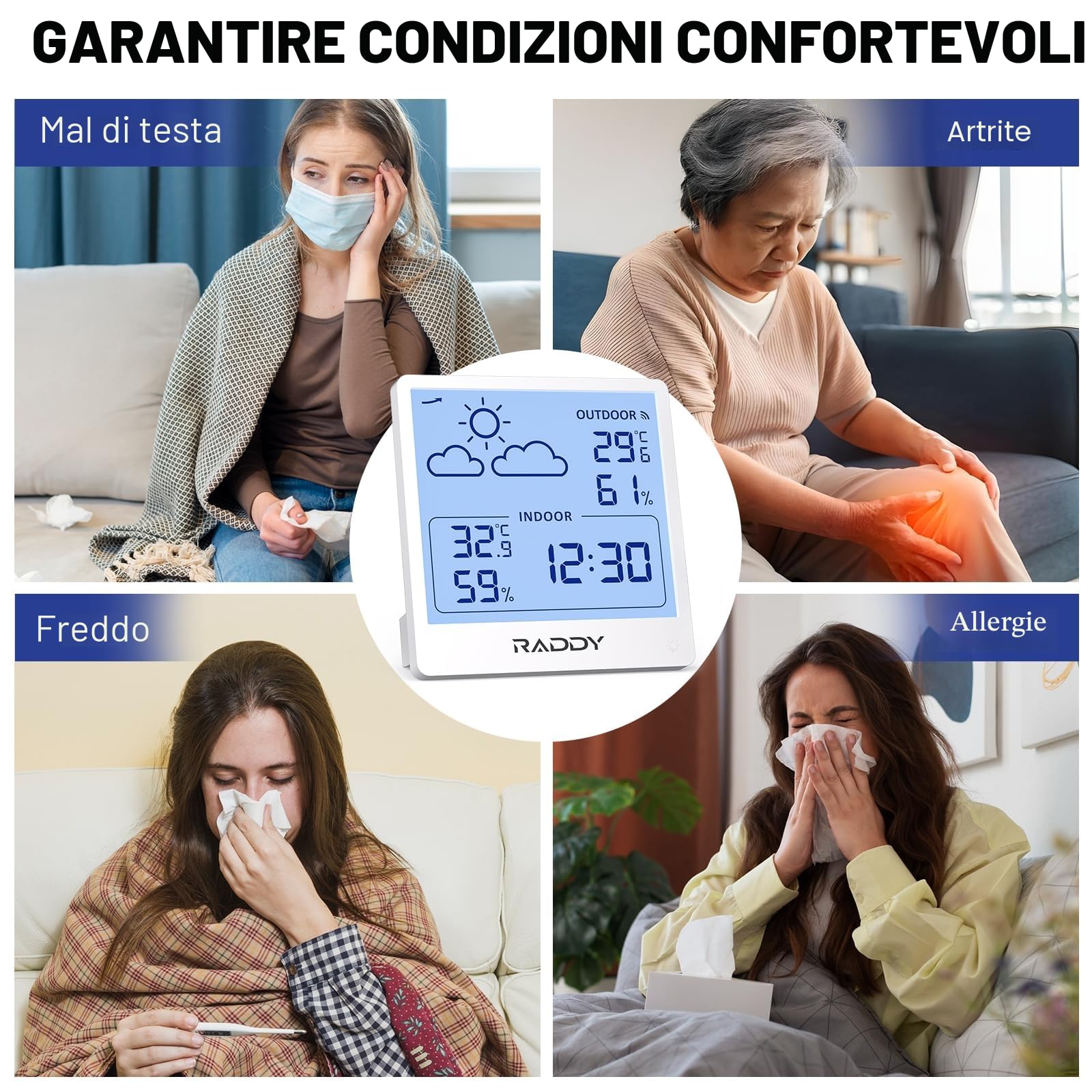 Raddy WF-50T Stazione meteorologica wireless, Termometro Igrometro per interni ed esterni, 5,0'' TN display, alimentazione tramite USB-C, previsioni del tempo, sensore remoto wireless (Bianco)