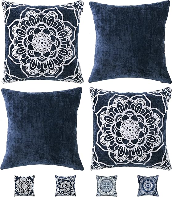 UKHP Mandala Embroidery Cushion Covers Decorative Set of 4 Square Navy Blue Throw Pillow Covers for Couch, Sofa, Living Room 45x45 cm 18x18 inch, BX-1