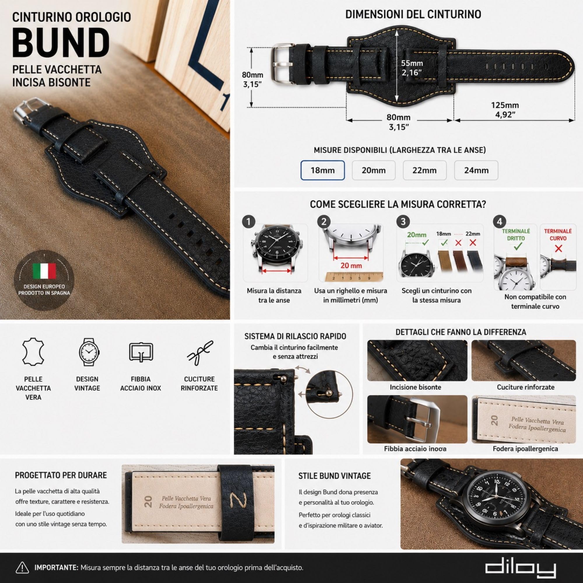 Cinturino orologio pelle incisione bisonte Bund compatibile con Fossil CH2592 CH2564 CH2565 CH2891CH3051 18mm 20mm 22mm 24mm 386