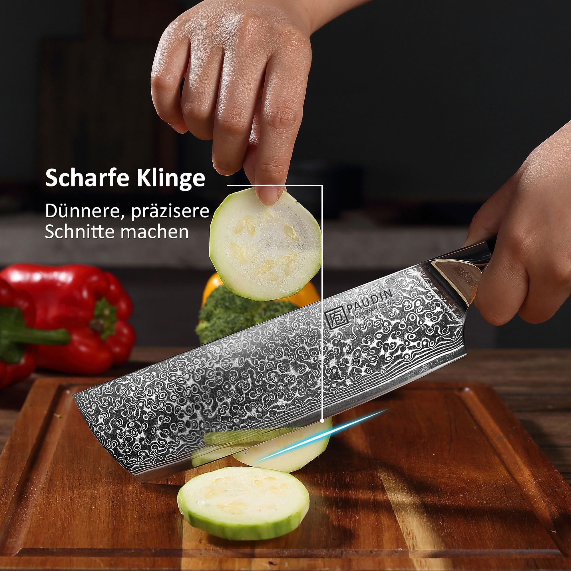 PAUDIN Set di 3 damascati in acciaio damascato ecologico e sostenibile, 67 strati VG10, con manico G10, coltello da cucina, coltello giapponese e multiuso ad alta durezza
