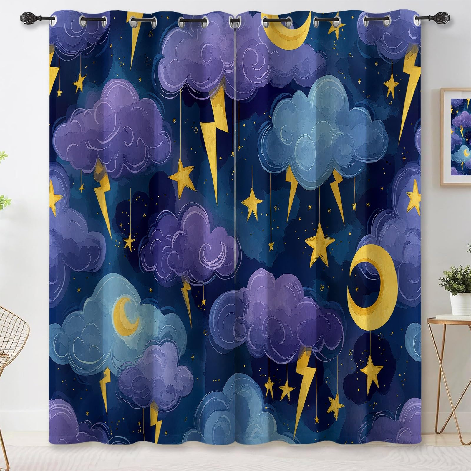 Générique Rideau Occultant, Aquarelle Onirique Motif Rideaux Thermiques à Oeillets, Étoiles Lune Nuages Éclairs Rideaux Imprimé pour Salon Chambre Fenetre Décoration, 70 X 200 cm (LxH), Lot de 2