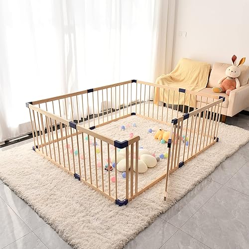 Bonrcea Corral de juegos para bebés con valla de puerta parque de juegos de zona segura puerta de bloqueo madera natural 5905 x 7086 pulgadas sin