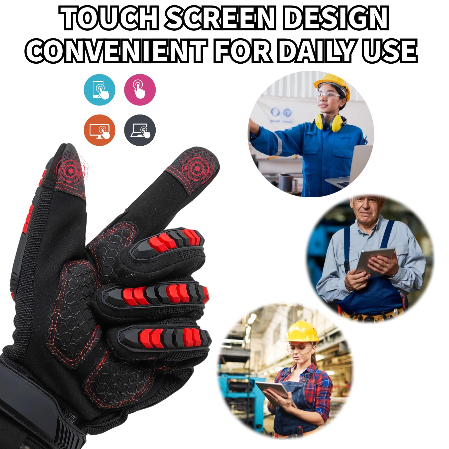 Arbeitshandschuhe mit sicherem Sitz, Arbeitshandschuhe mit Aufprallschutz und Vibrationsabsorption, Sicherheit für Männer, X-Large, Rot und Schwarz